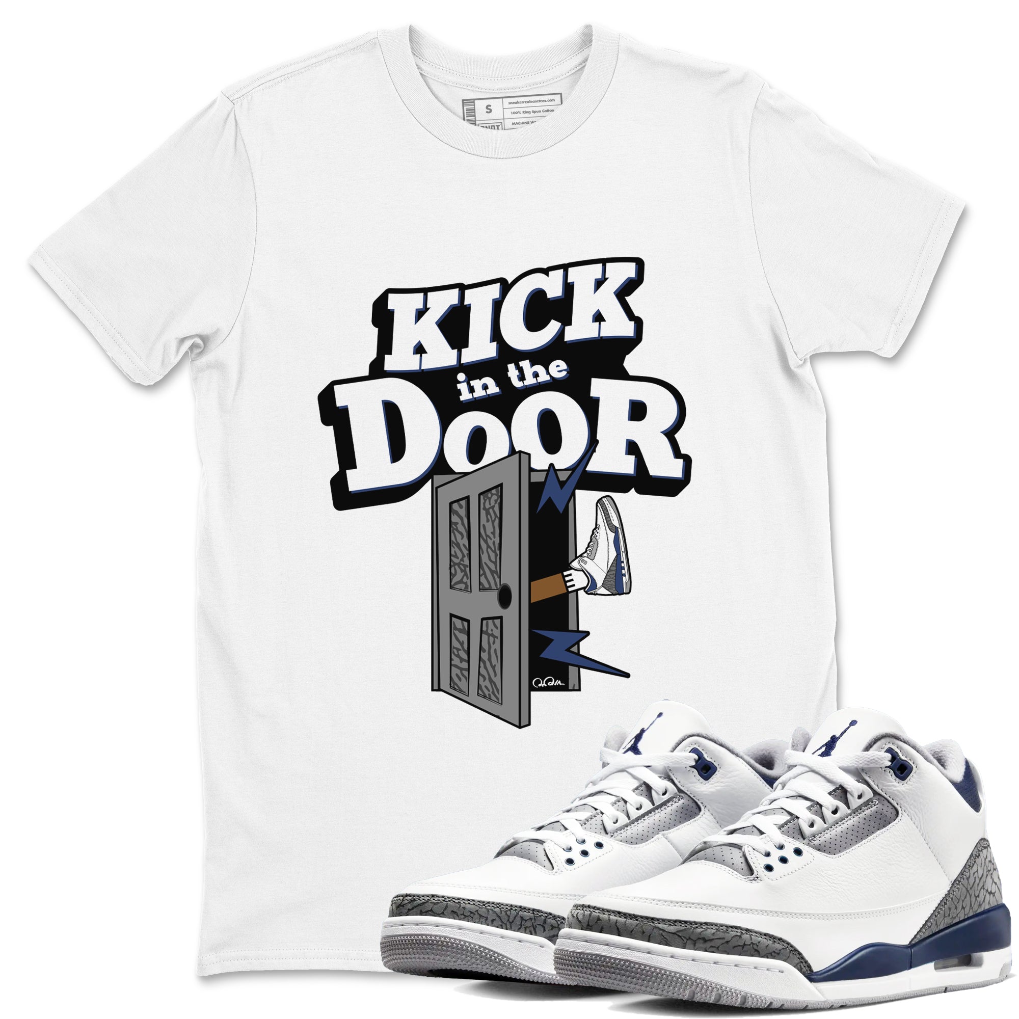 3s Midnight Navy shirt to match jordans Kick In The Door sneaker match t-shirt AJ3 Midnight Navy Drip Gear Zone unisex cotton White 1 Crew Neck T-Shirt