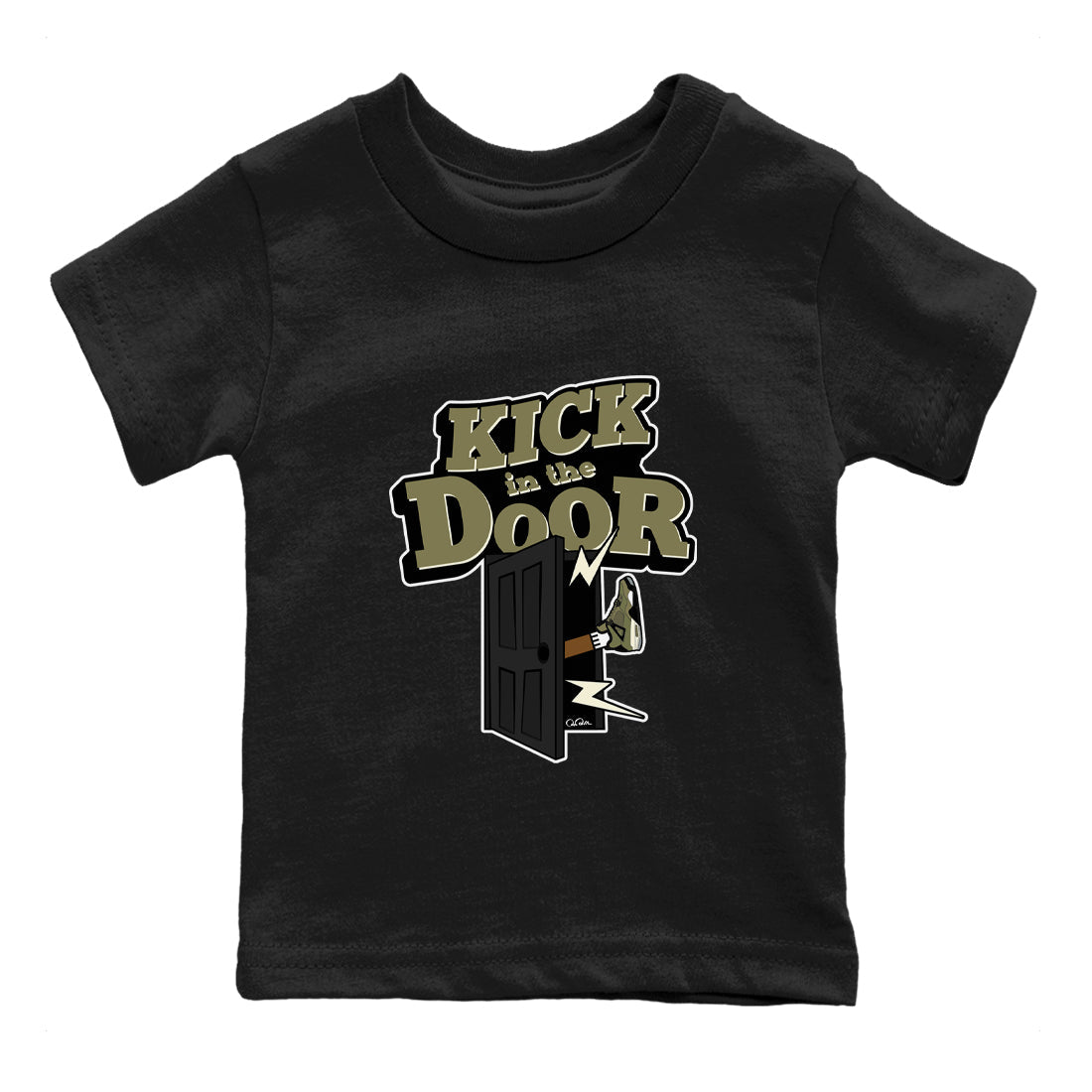 Air Jordan 4 Medium Olive shirt to match jordans streetwear brand Kick In The Door sneaker tees AJ4Medium Olive Drip Gear Zone Baby Toddler Black 2 T-Shirt