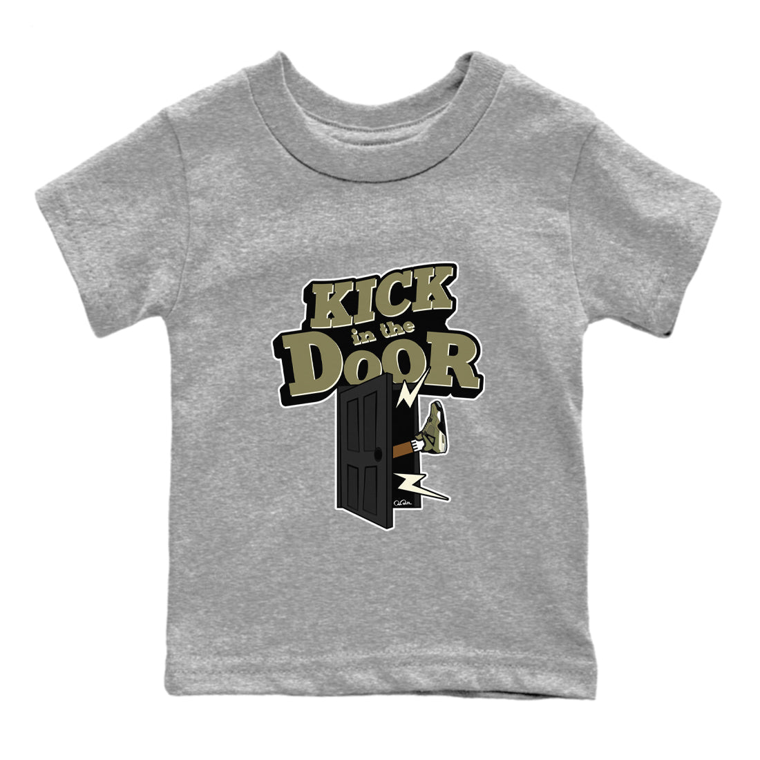Air Jordan 4 Medium Olive shirt to match jordans streetwear brand Kick In The Door sneaker tees AJ4Medium Olive Drip Gear Zone Baby Toddler Heather Grey 2 T-Shirt