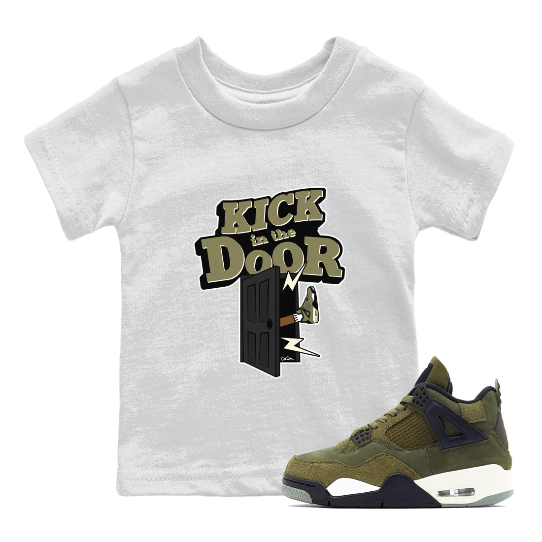 Air Jordan 4 Medium Olive shirt to match jordans streetwear brand Kick In The Door sneaker tees AJ4Medium Olive Drip Gear Zone Baby Toddler White 1 T-Shirt
