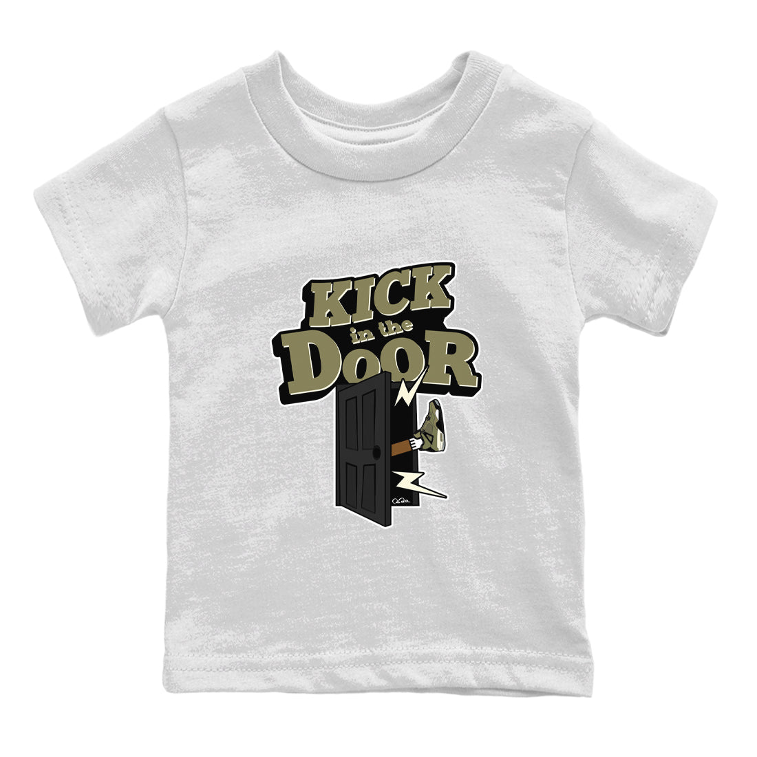 Air Jordan 4 Medium Olive shirt to match jordans streetwear brand Kick In The Door sneaker tees AJ4Medium Olive Drip Gear Zone Baby Toddler White 2 T-Shirt