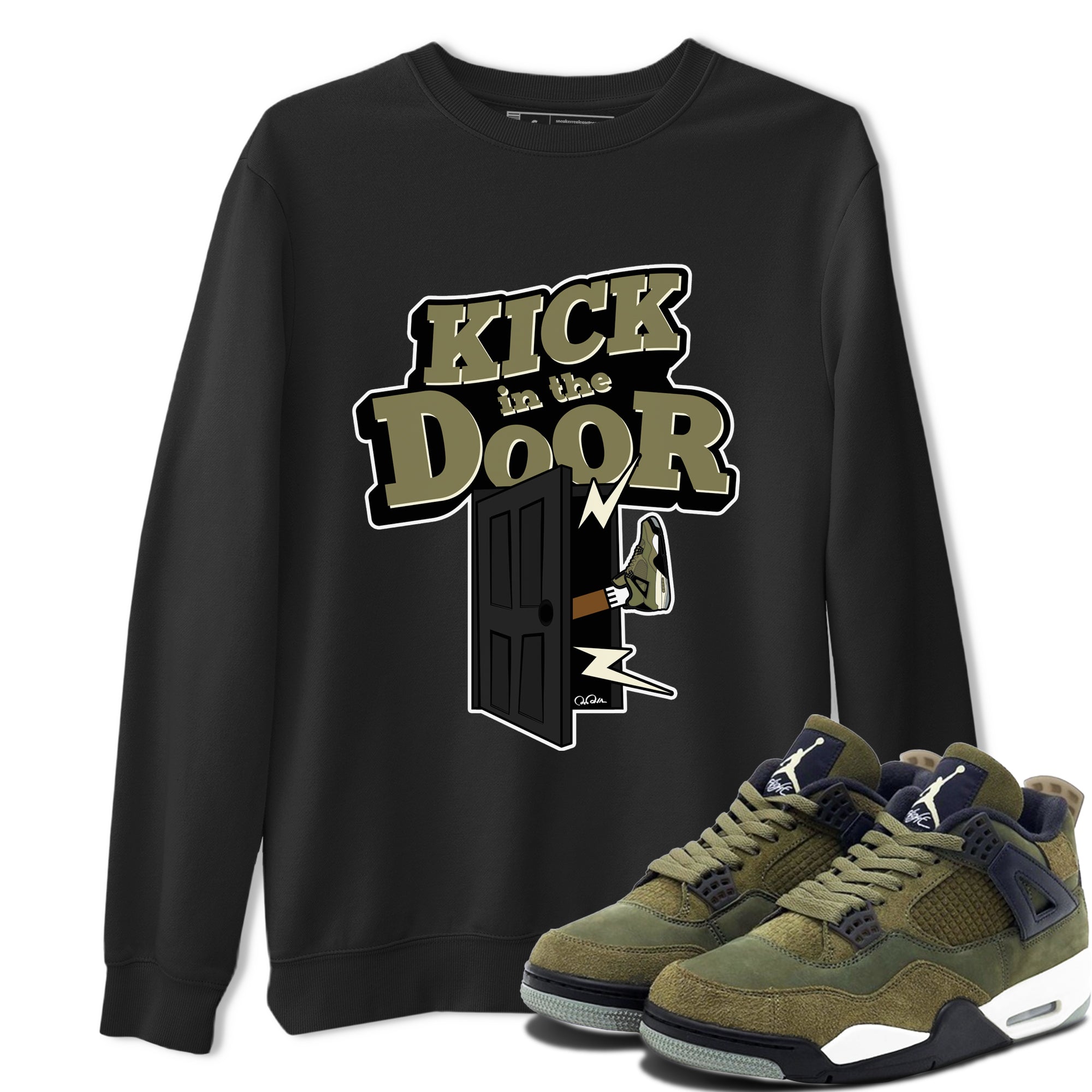 Air Jordan 4 Medium Olive shirt to match jordans streetwear brand Kick In The Door sneaker tees AJ4Medium Olive Drip Gear Zone Unisex Black 1 T-Shirt