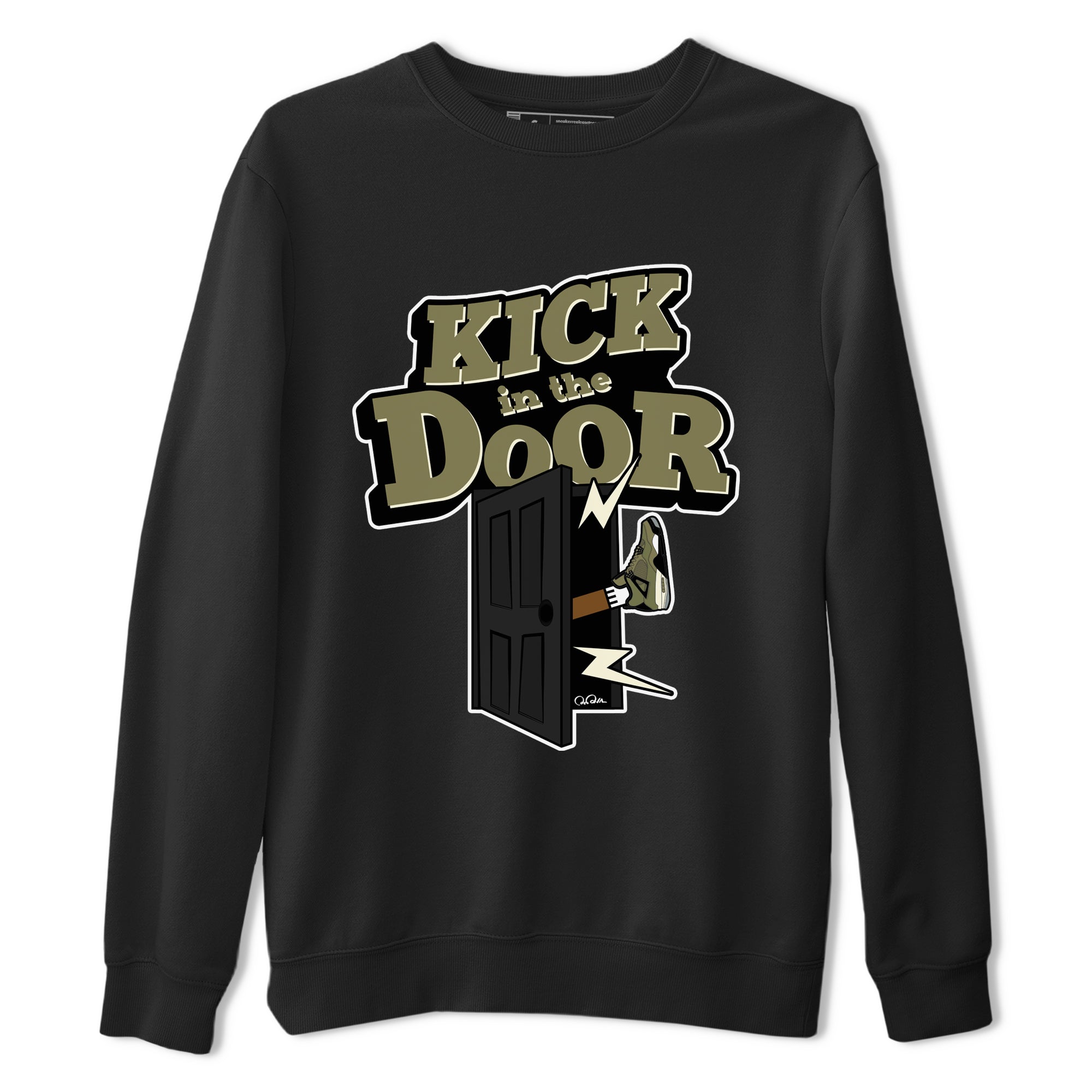 Air Jordan 4 Medium Olive shirt to match jordans streetwear brand Kick In The Door sneaker tees AJ4Medium Olive Drip Gear Zone Unisex Black 2 T-Shirt