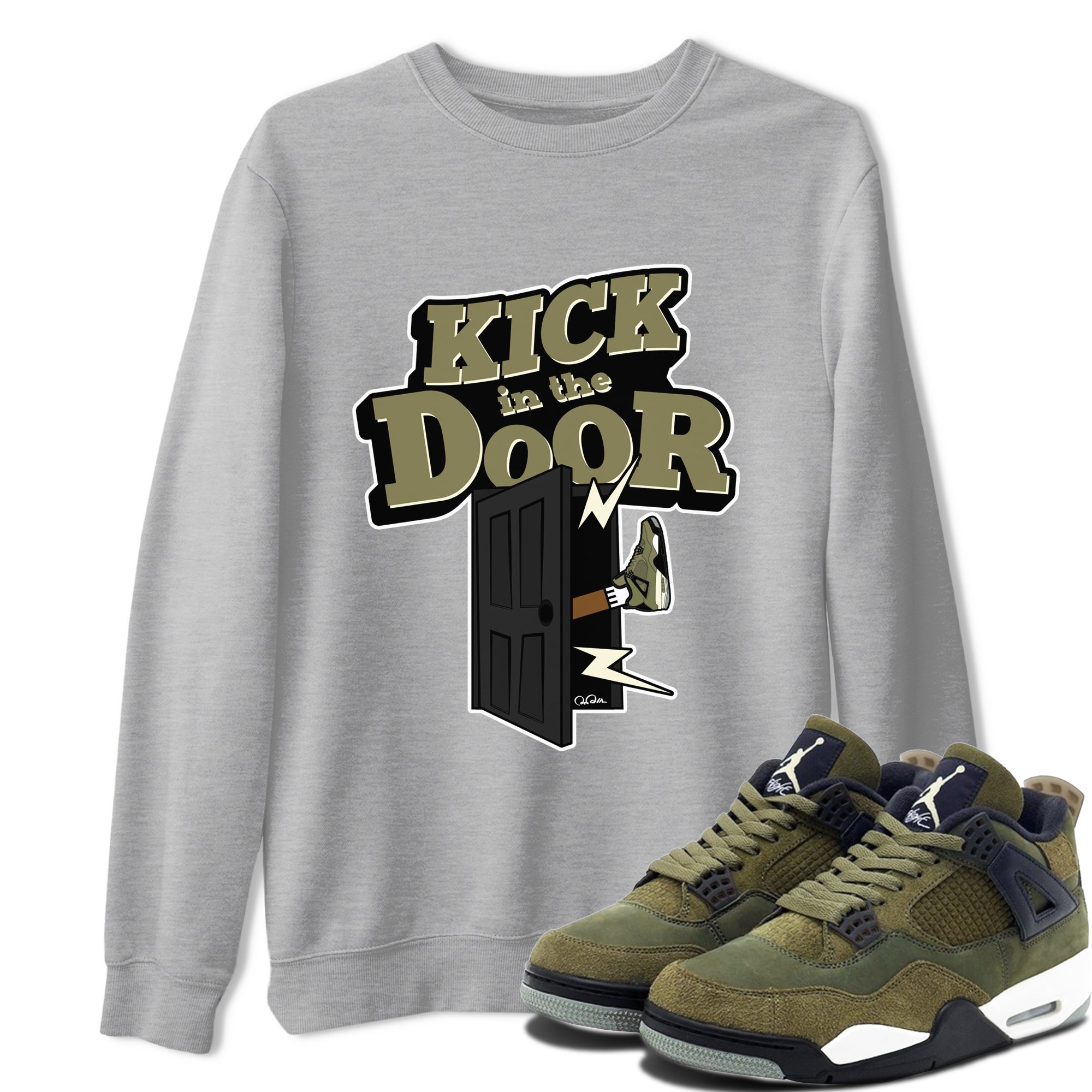 Air Jordan 4 Medium Olive shirt to match jordans streetwear brand Kick In The Door sneaker tees AJ4Medium Olive Drip Gear Zone Unisex Heather Grey 1 T-Shirt
