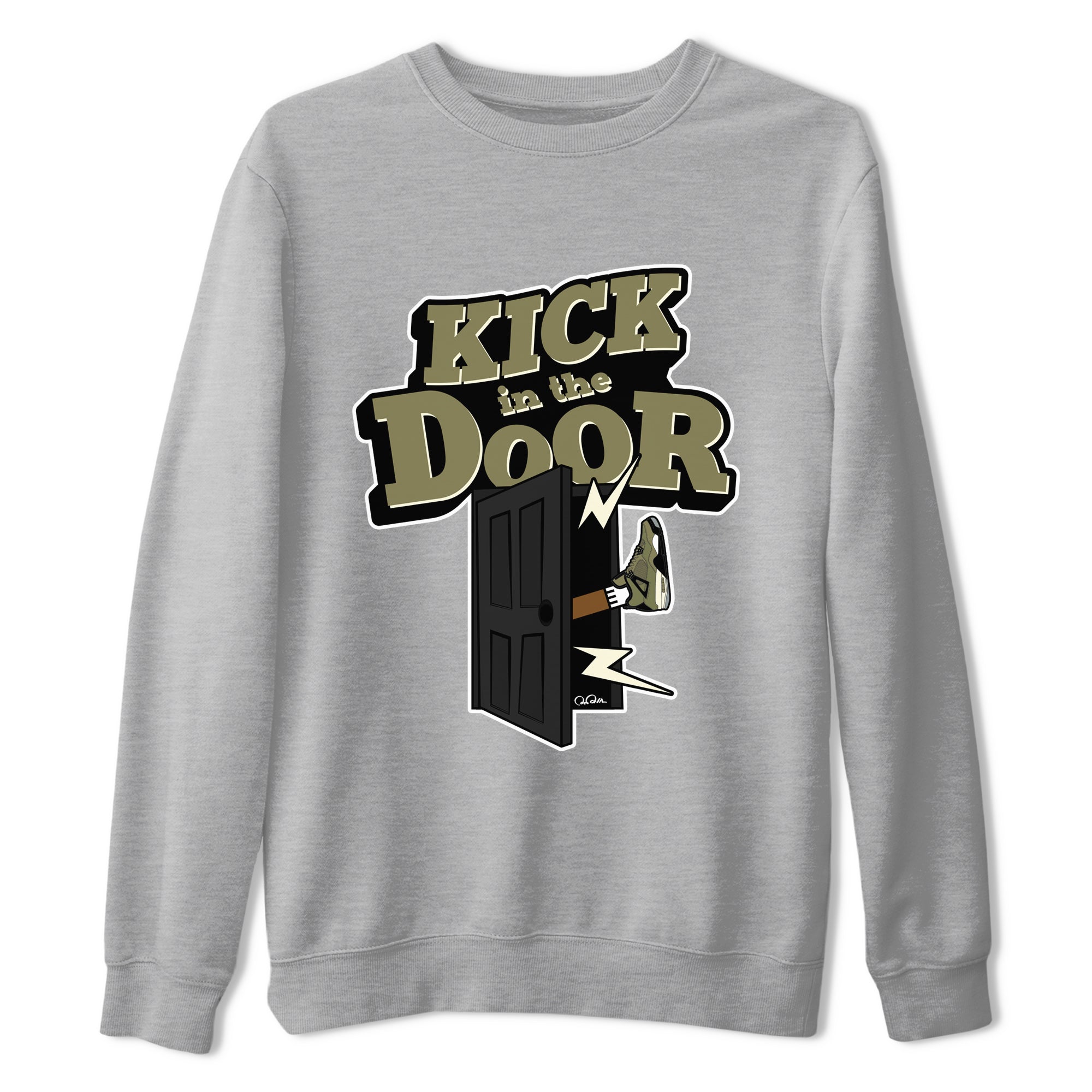 Air Jordan 4 Medium Olive shirt to match jordans streetwear brand Kick In The Door sneaker tees AJ4Medium Olive Drip Gear Zone Unisex Heather Grey 2 T-Shirt