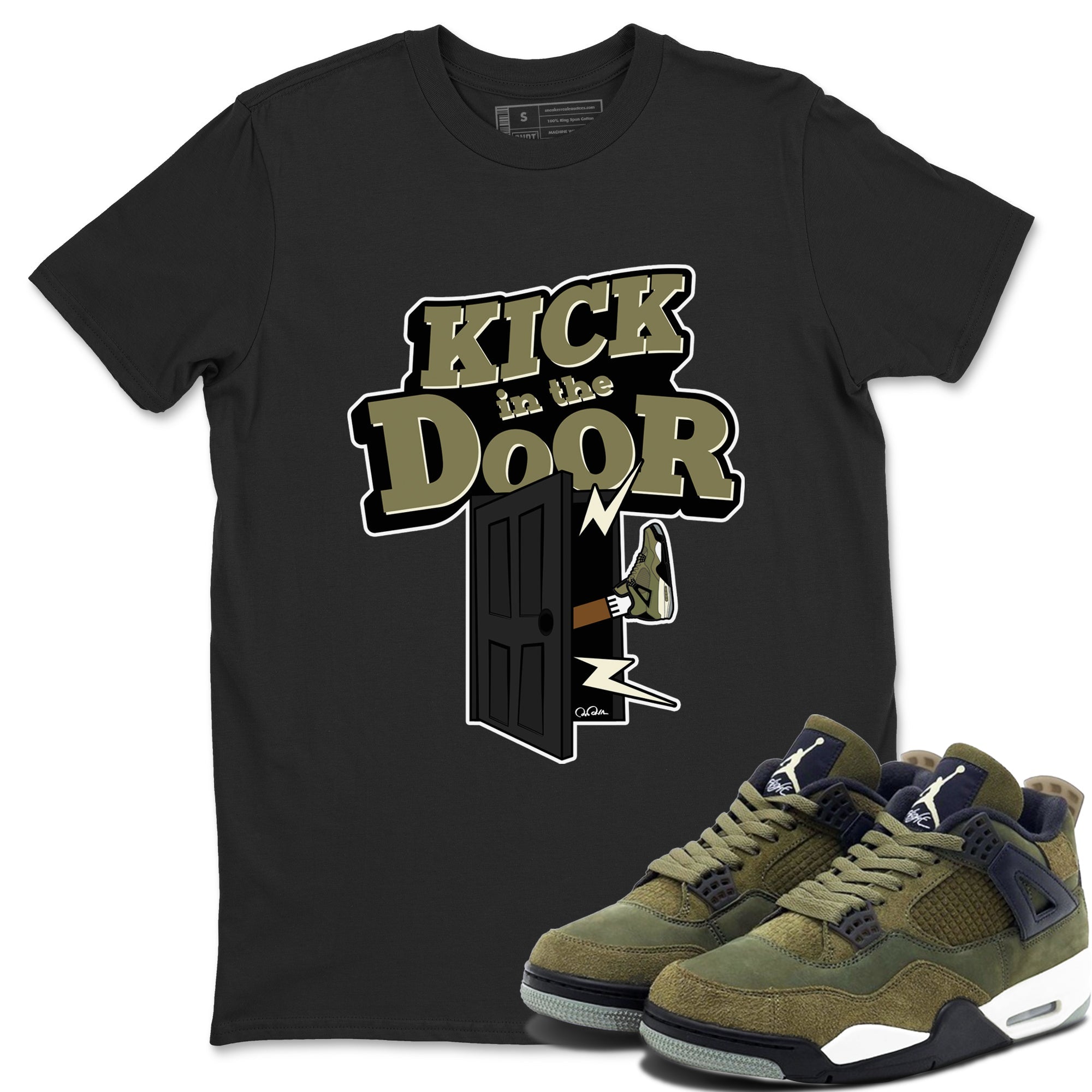 Air Jordan 4 Medium Olive shirt to match jordans streetwear brand Kick In The Door sneaker tees AJ4Medium Olive Drip Gear Zone Unisex Black 1 T-Shirt