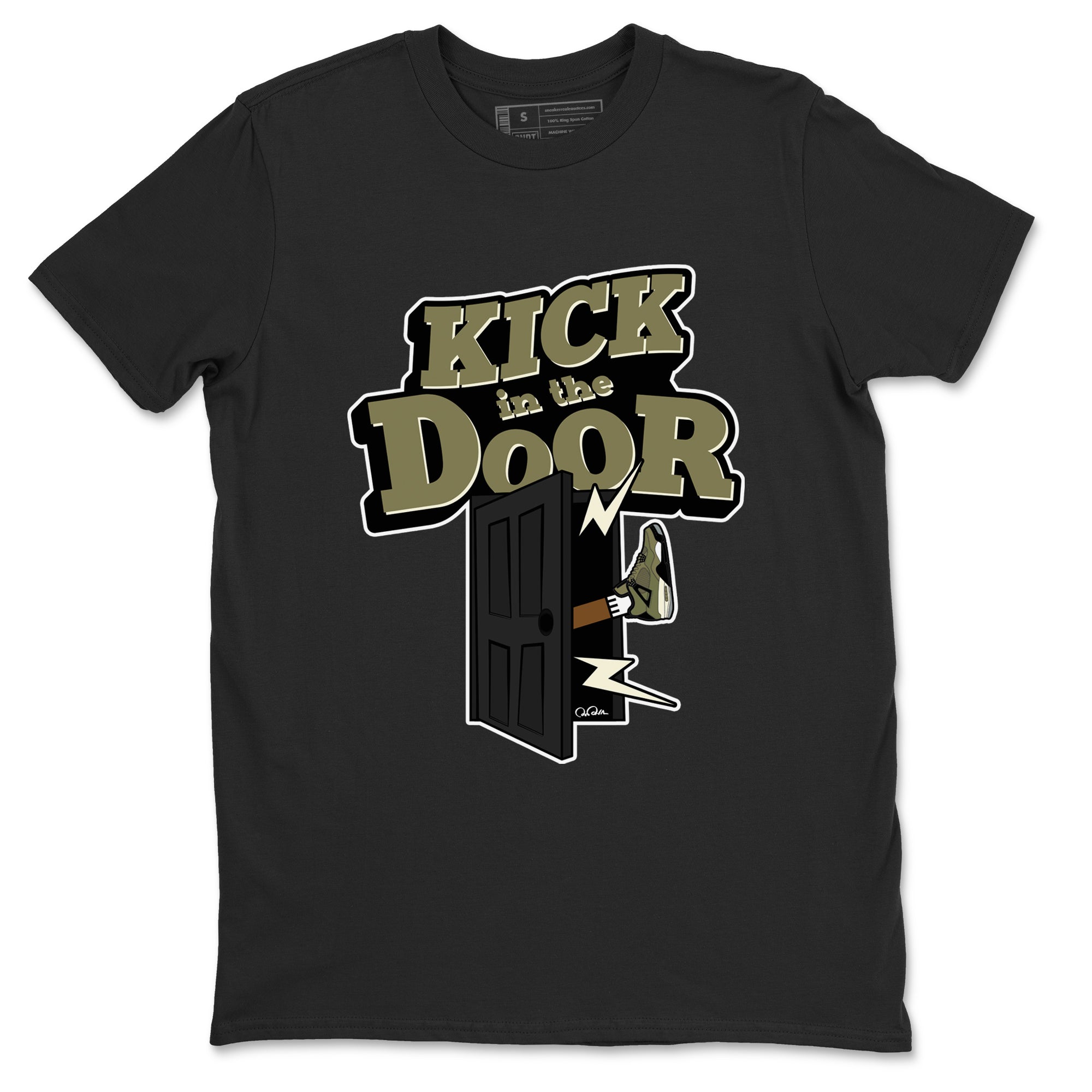 Air Jordan 4 Medium Olive shirt to match jordans streetwear brand Kick In The Door sneaker tees AJ4Medium Olive Drip Gear Zone Unisex Black 2 T-Shirt