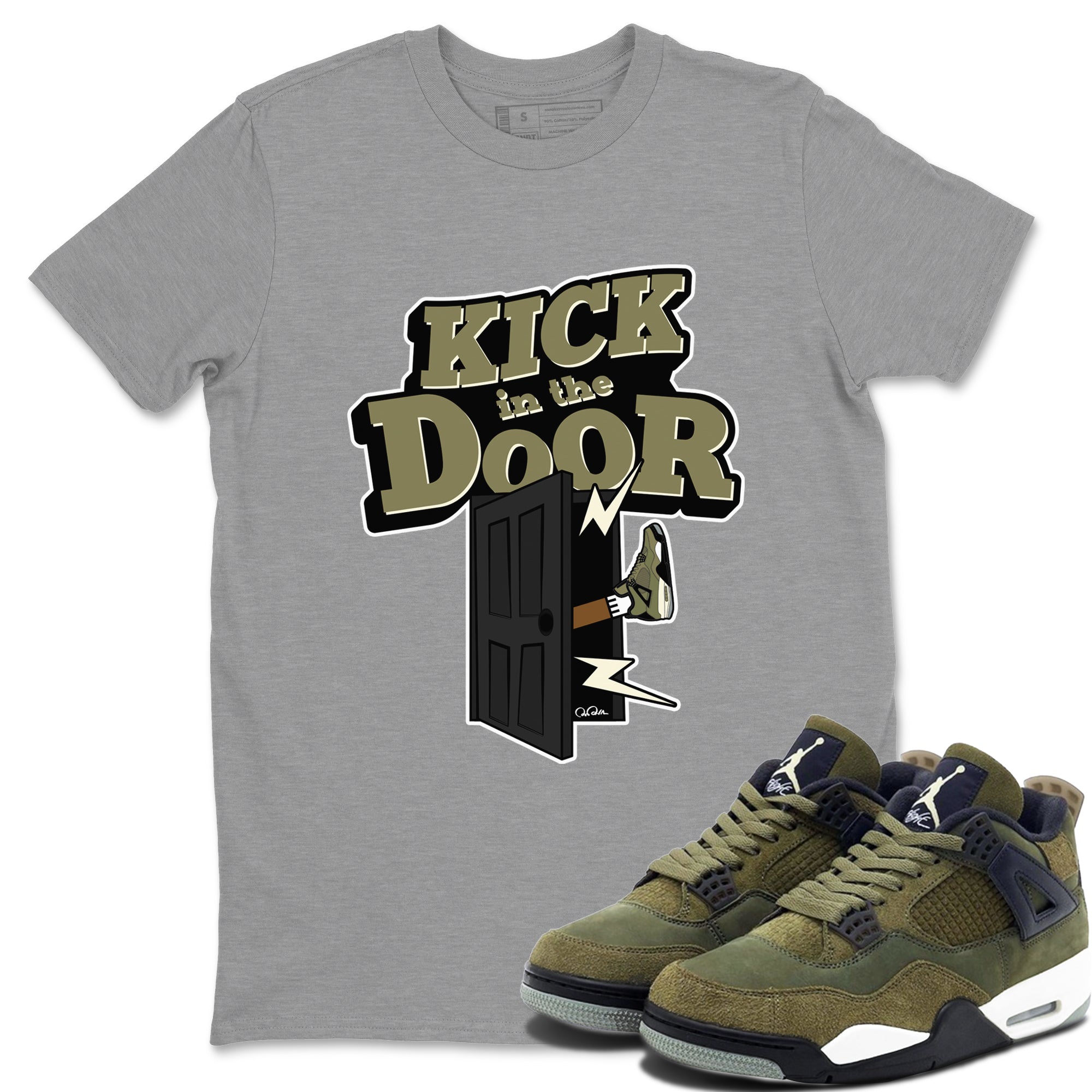 Air Jordan 4 Medium Olive shirt to match jordans streetwear brand Kick In The Door sneaker tees AJ4Medium Olive Drip Gear Zone Unisex Heather Grey 1 T-Shirt