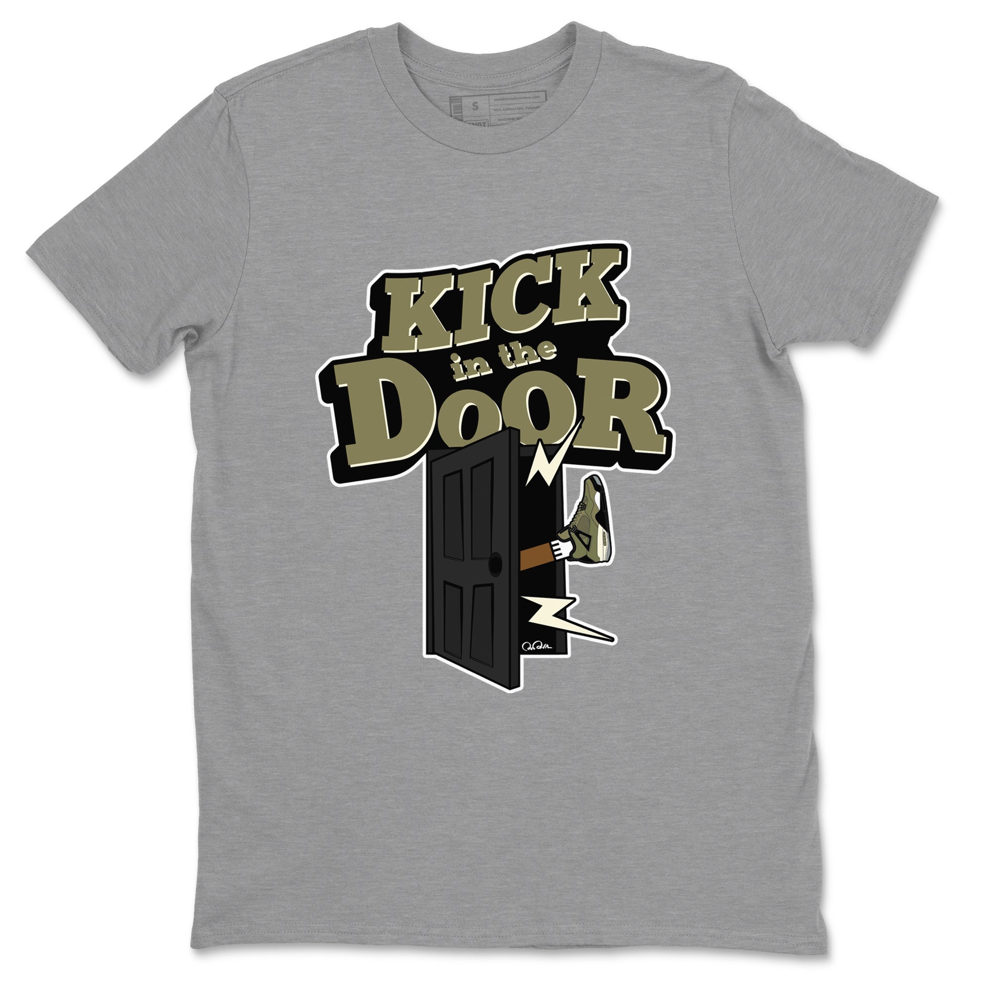Air Jordan 4 Medium Olive shirt to match jordans streetwear brand Kick In The Door sneaker tees AJ4Medium Olive Drip Gear Zone Unisex Heather Grey 2 T-Shirt