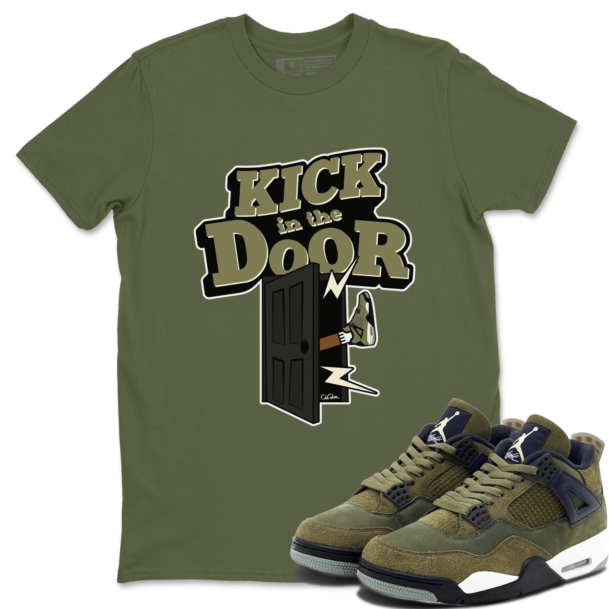 Air Jordan 4 Medium Olive shirt to match jordans streetwear brand Kick In The Door sneaker tees AJ4Medium Olive Drip Gear Zone Unisex Military Green 1 T-Shirt
