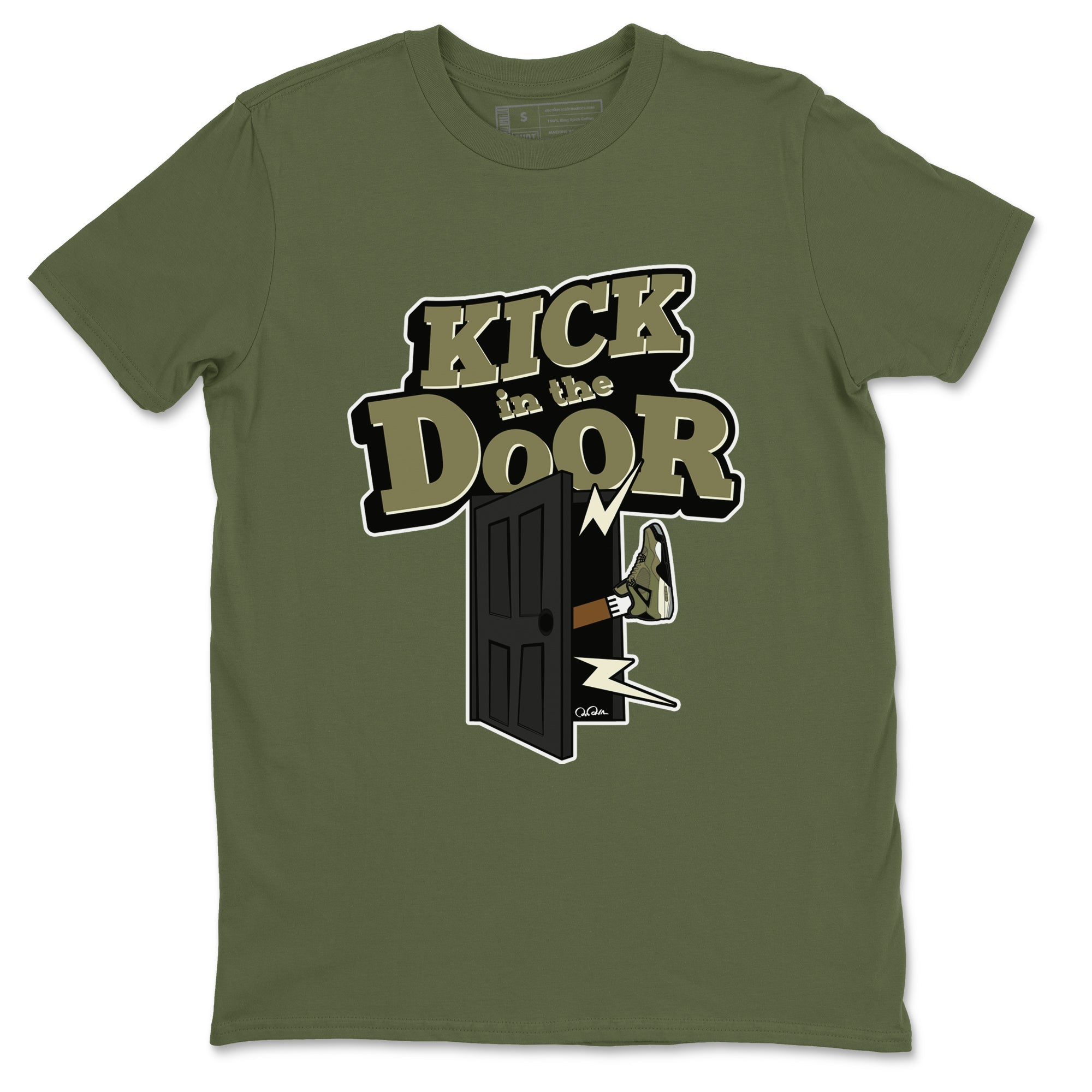 Air Jordan 4 Medium Olive shirt to match jordans streetwear brand Kick In The Door sneaker tees AJ4Medium Olive Drip Gear Zone Unisex Military Green 2 T-Shirt