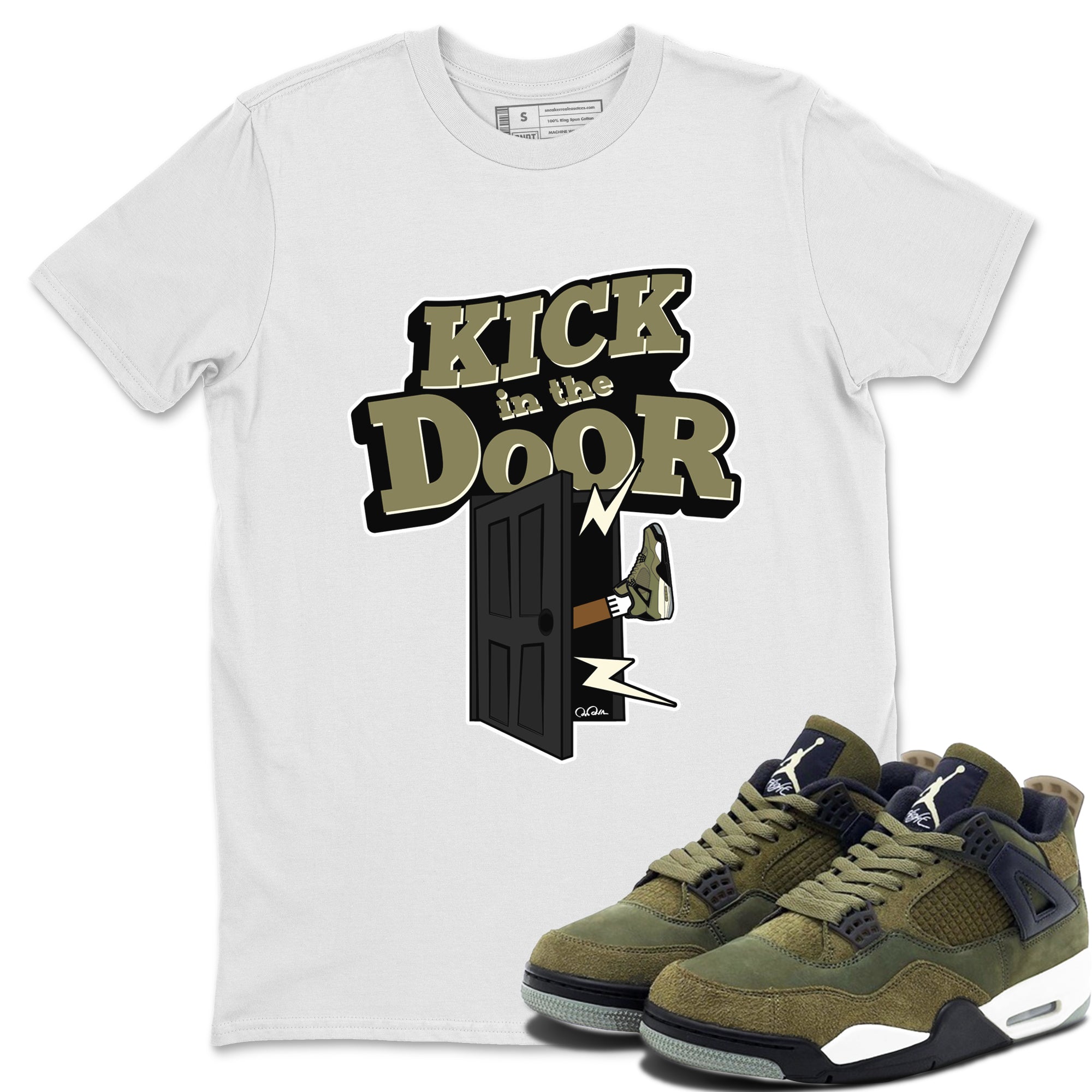 Air Jordan 4 Medium Olive shirt to match jordans streetwear brand Kick In The Door sneaker tees AJ4Medium Olive Drip Gear Zone Unisex White 1 T-Shirt