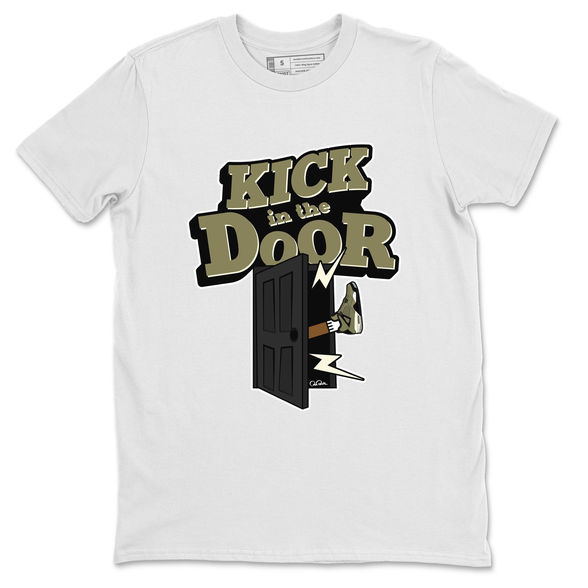 Air Jordan 4 Medium Olive shirt to match jordans streetwear brand Kick In The Door sneaker tees AJ4Medium Olive Drip Gear Zone Unisex White 2 T-Shirt