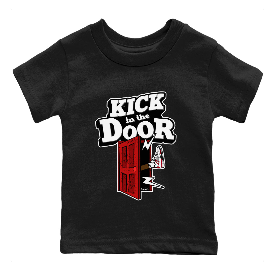 Air Jordan 4 Red Cement Sneaker Match Tees Kick In The Door Streetwear Sneaker Shirt AJ4 Red Cement Sneaker Release Tees Kids Shirts Black 2