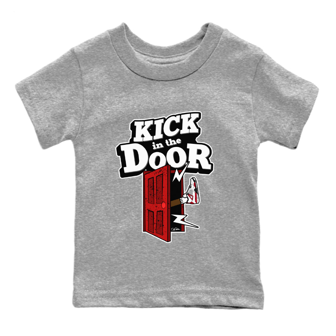 Air Jordan 4 Red Cement Sneaker Match Tees Kick In The Door Streetwear Sneaker Shirt AJ4 Red Cement Sneaker Release Tees Kids Shirts Heather Grey 2