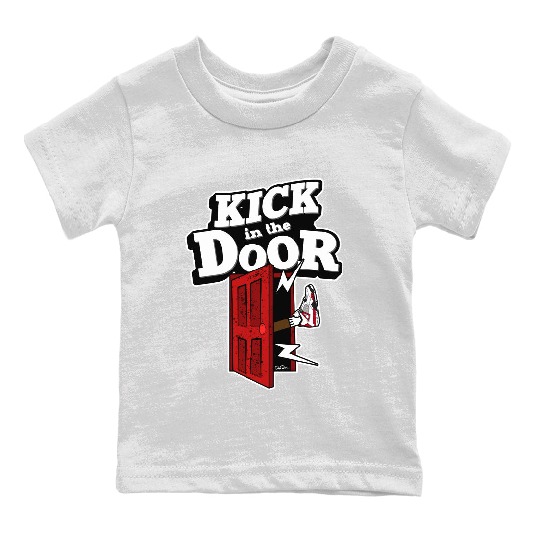 Air Jordan 4 Red Cement Sneaker Match Tees Kick In The Door Streetwear Sneaker Shirt AJ4 Red Cement Sneaker Release Tees Kids Shirts White 2