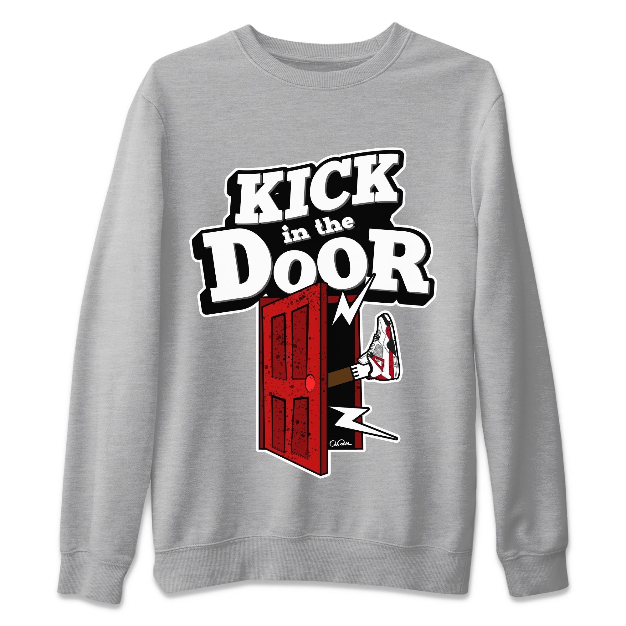 Air Jordan 4 Red Cement Sneaker Match Tees Kick In The Door Streetwear Sneaker Shirt AJ4 Red Cement Sneaker Release Tees Unisex Shirts Heather Grey 2
