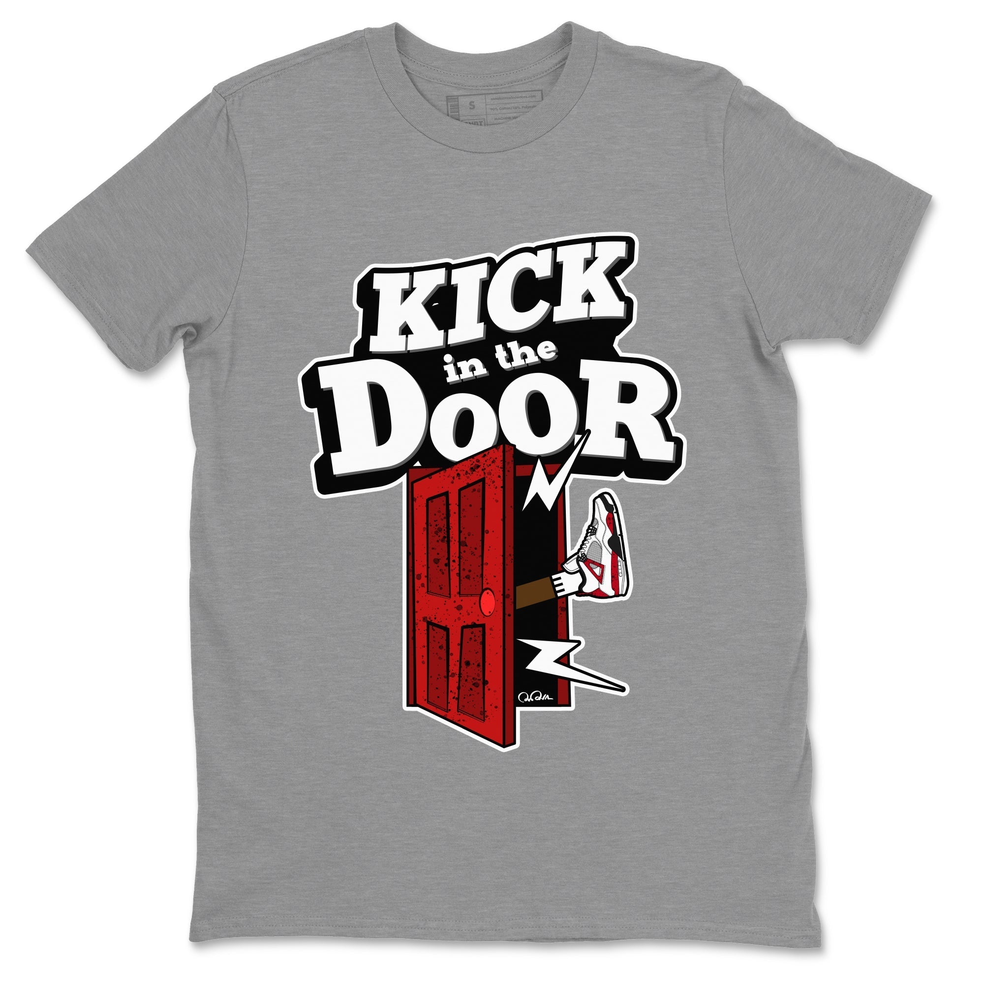 Air Jordan 4 Red Cement Sneaker Match Tees Kick In The Door Streetwear Sneaker Shirt AJ4 Red Cement Sneaker Release Tees Unisex Shirts Heather Grey 2
