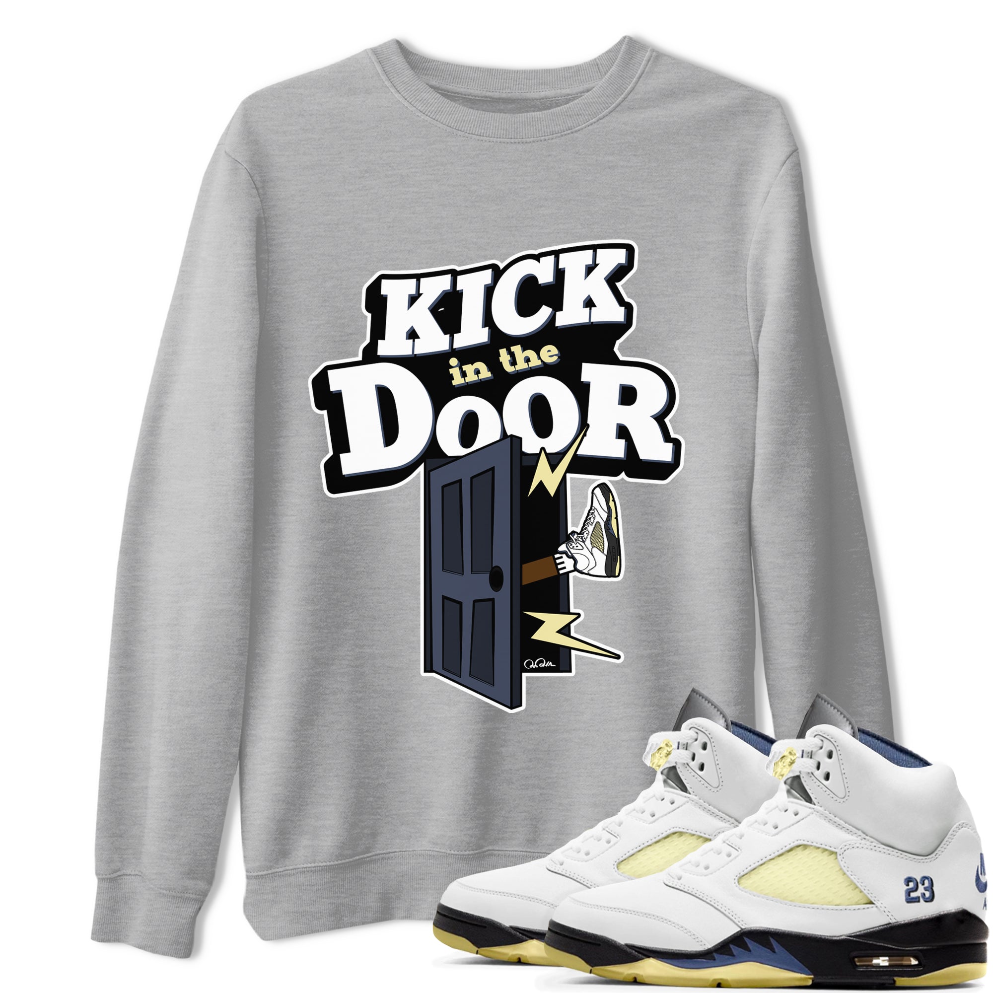 Air Jordan 5 A Ma Maniere x Photon Dust shirt to match jordans Kick In The Door sneaker tees Jordan 5 A Ma Maniere "Dawn" Drip Gear Zone Unisex Heather Grey 1 T-Shirt
