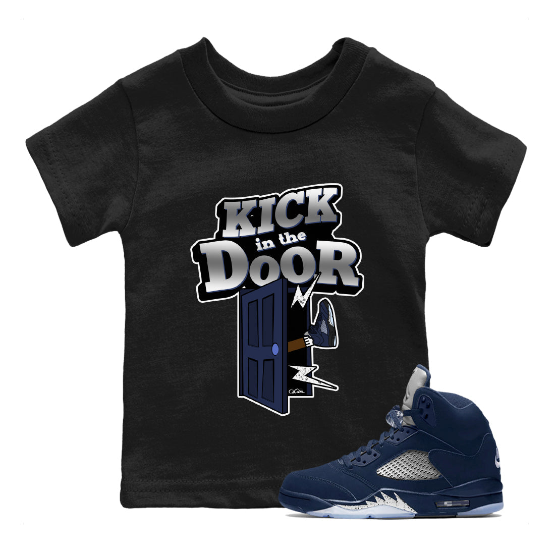 Air Jordan 5 Georgetown Sneaker Match Tees Kick In The Door Streetwear Sneaker Shirt AJ5 Georgetown Sneaker Release Tees Kids Shirts Black 1