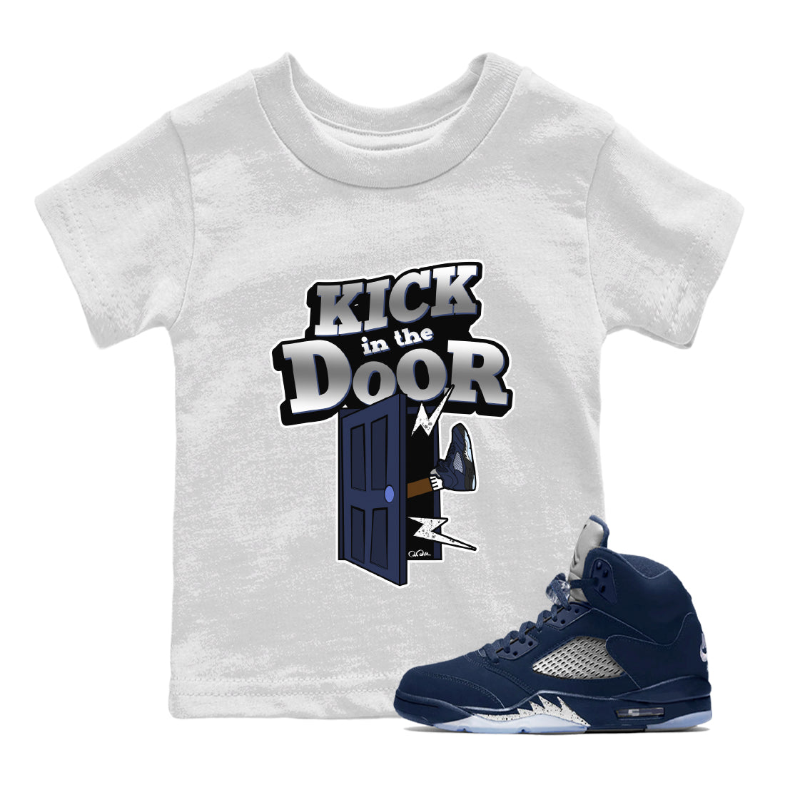 Air Jordan 5 Georgetown Sneaker Match Tees Kick In The Door Streetwear Sneaker Shirt AJ5 Georgetown Sneaker Release Tees Kids Shirts White 1
