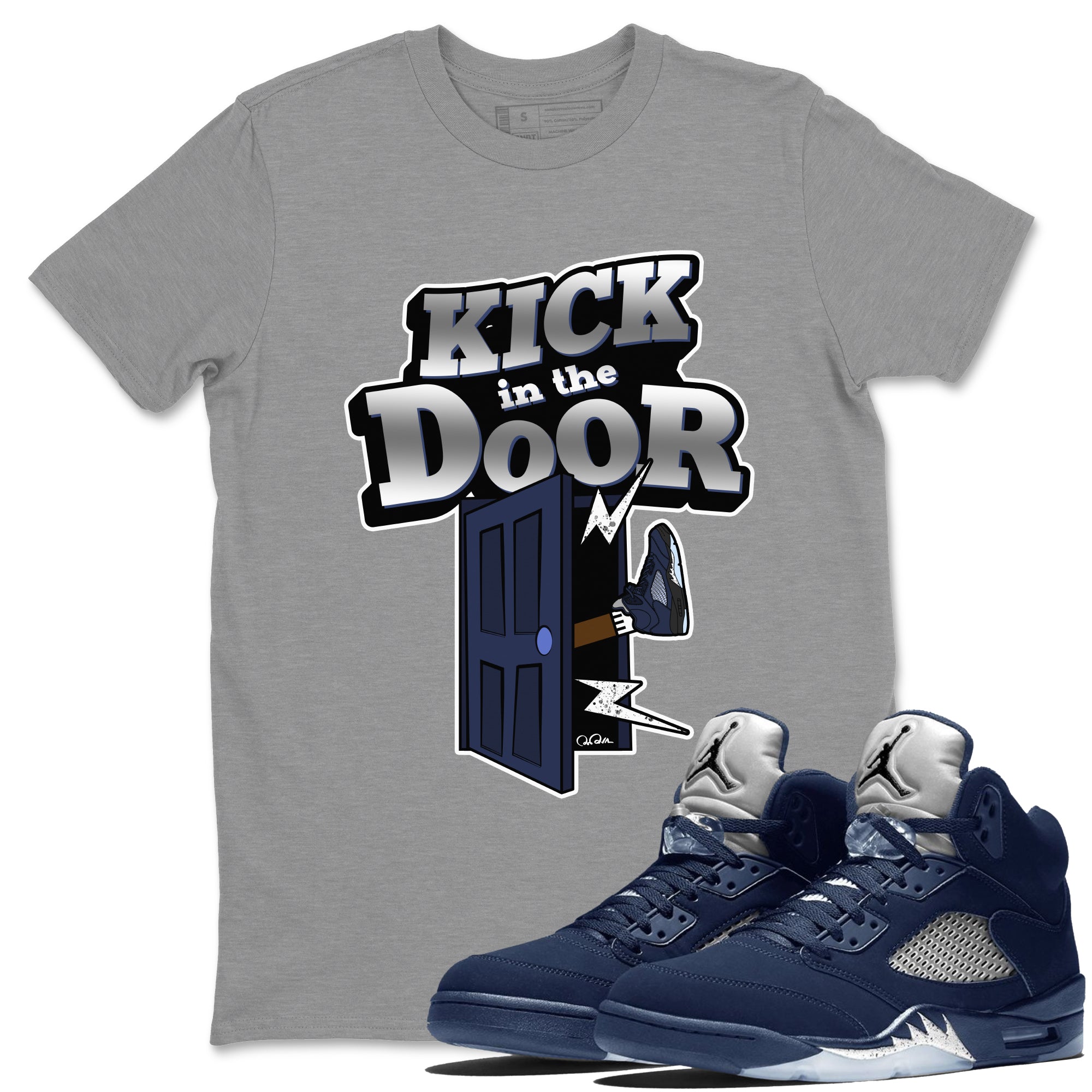 Air Jordan 5 Georgetown Sneaker Match Tees Kick In The Door Streetwear Sneaker Shirt AJ5 Georgetown Sneaker Release Tees Unisex Shirts Heather Grey 1