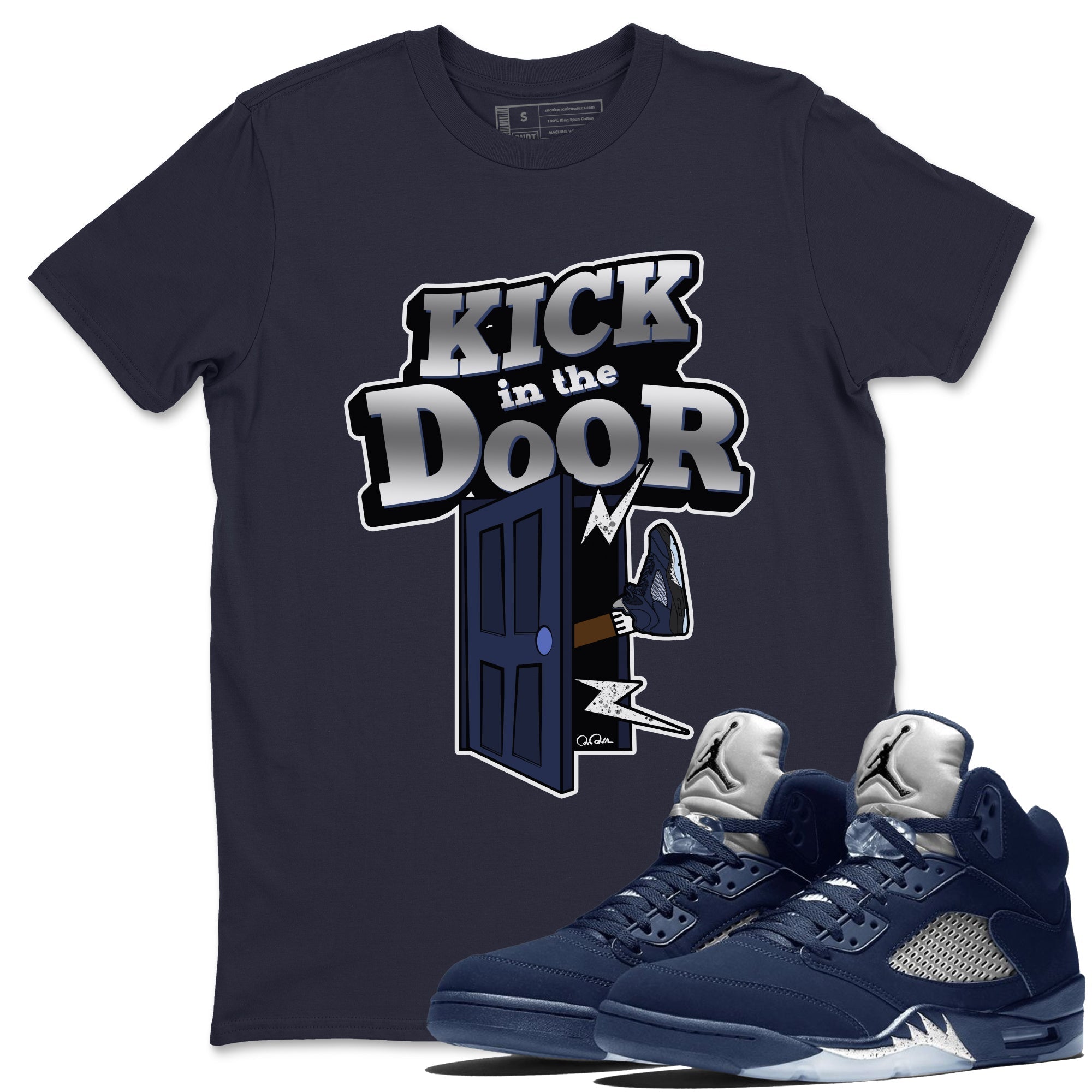 Air Jordan 5 Georgetown Sneaker Match Tees Kick In The Door Streetwear Sneaker Shirt AJ5 Georgetown Sneaker Release Tees Unisex Shirts Navy 1