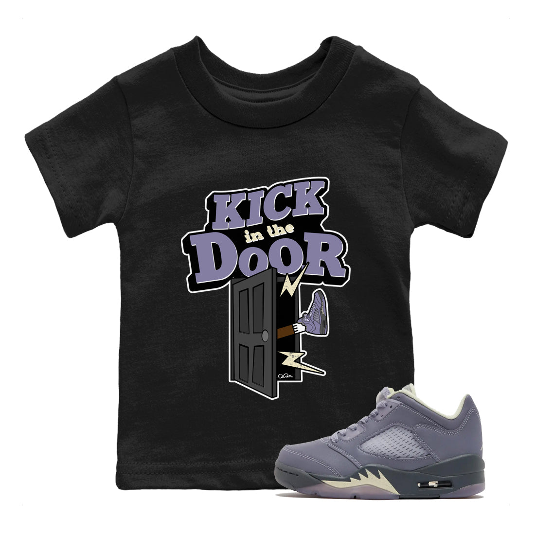 Air Jordan 5 Indigo Haze Sneaker Match Tees Kick In The Door Streetwear Sneaker Shirt AJ5 Indigo Haze Sneaker Release Tees Kids Shirts Black 1