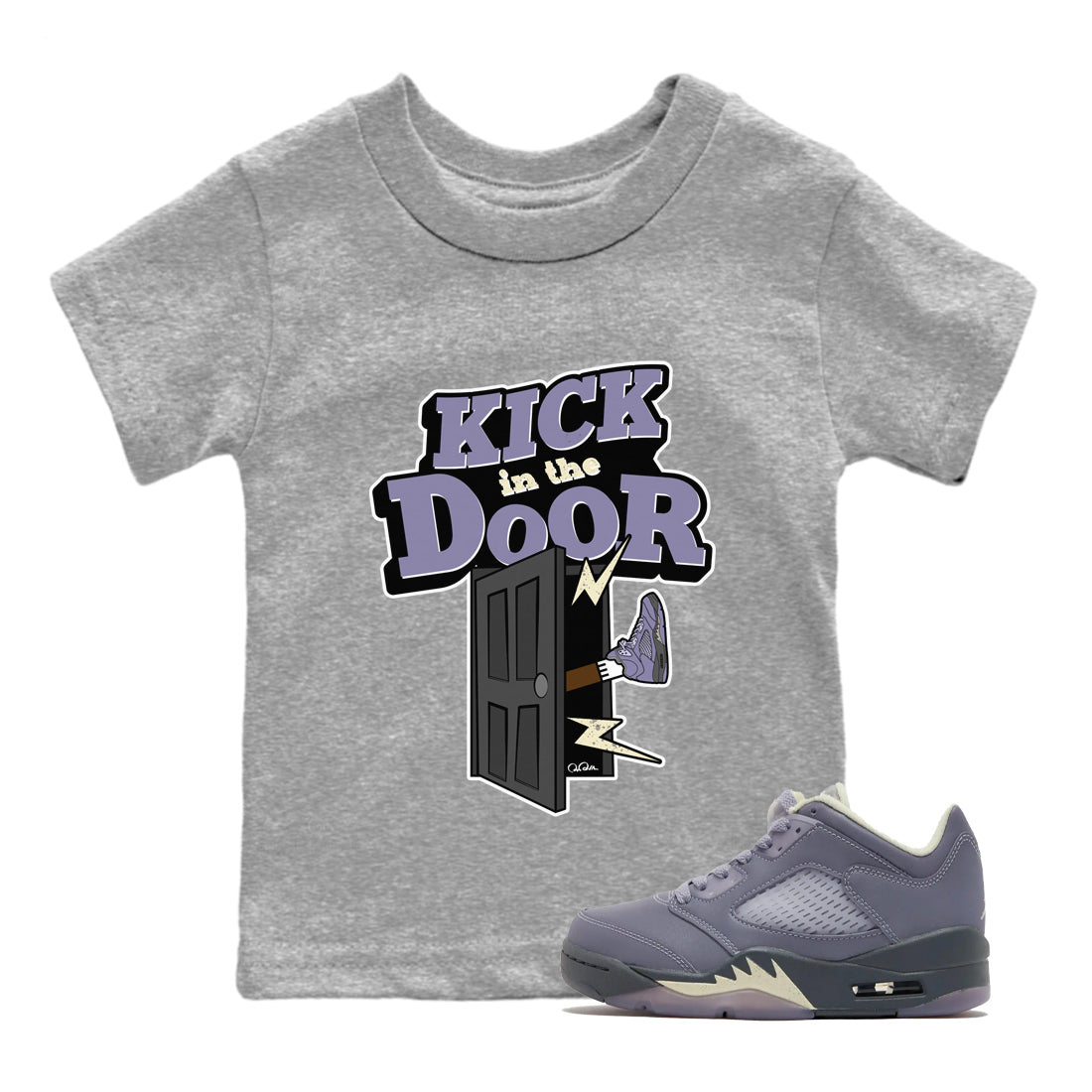 Air Jordan 5 Indigo Haze Sneaker Match Tees Kick In The Door Streetwear Sneaker Shirt AJ5 Indigo Haze Sneaker Release Tees Kids Shirts Heather Grey 1