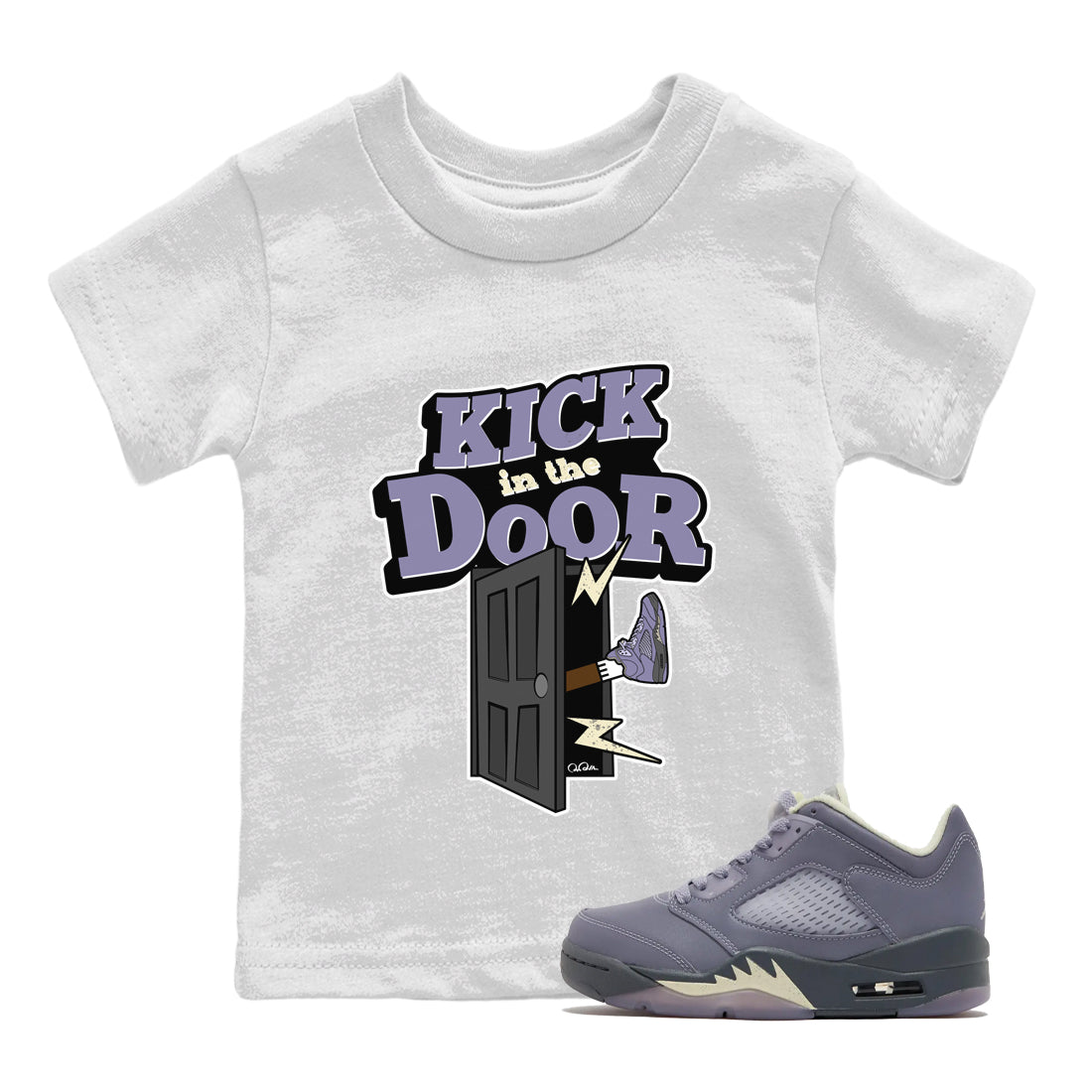 Air Jordan 5 Indigo Haze Sneaker Match Tees Kick In The Door Streetwear Sneaker Shirt AJ5 Indigo Haze Sneaker Release Tees Kids Shirts White 1