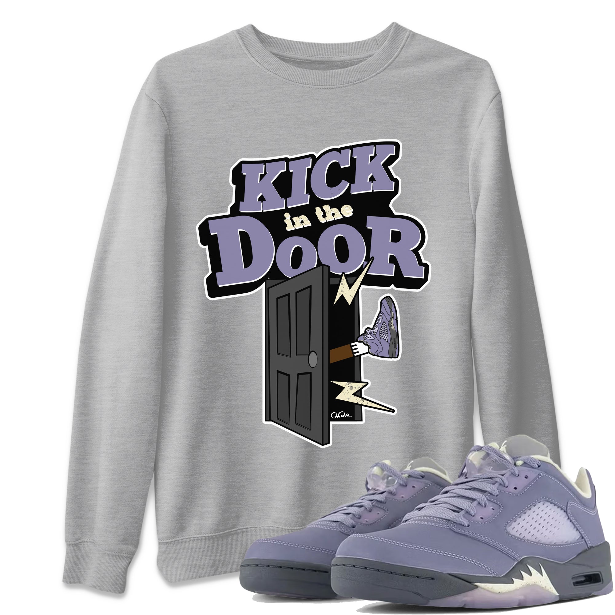 Air Jordan 5 Indigo Haze Sneaker Match Tees Kick In The Door Streetwear Sneaker Shirt AJ5 Indigo Haze Sneaker Release Tees Unisex Shirts Heather Grey 1