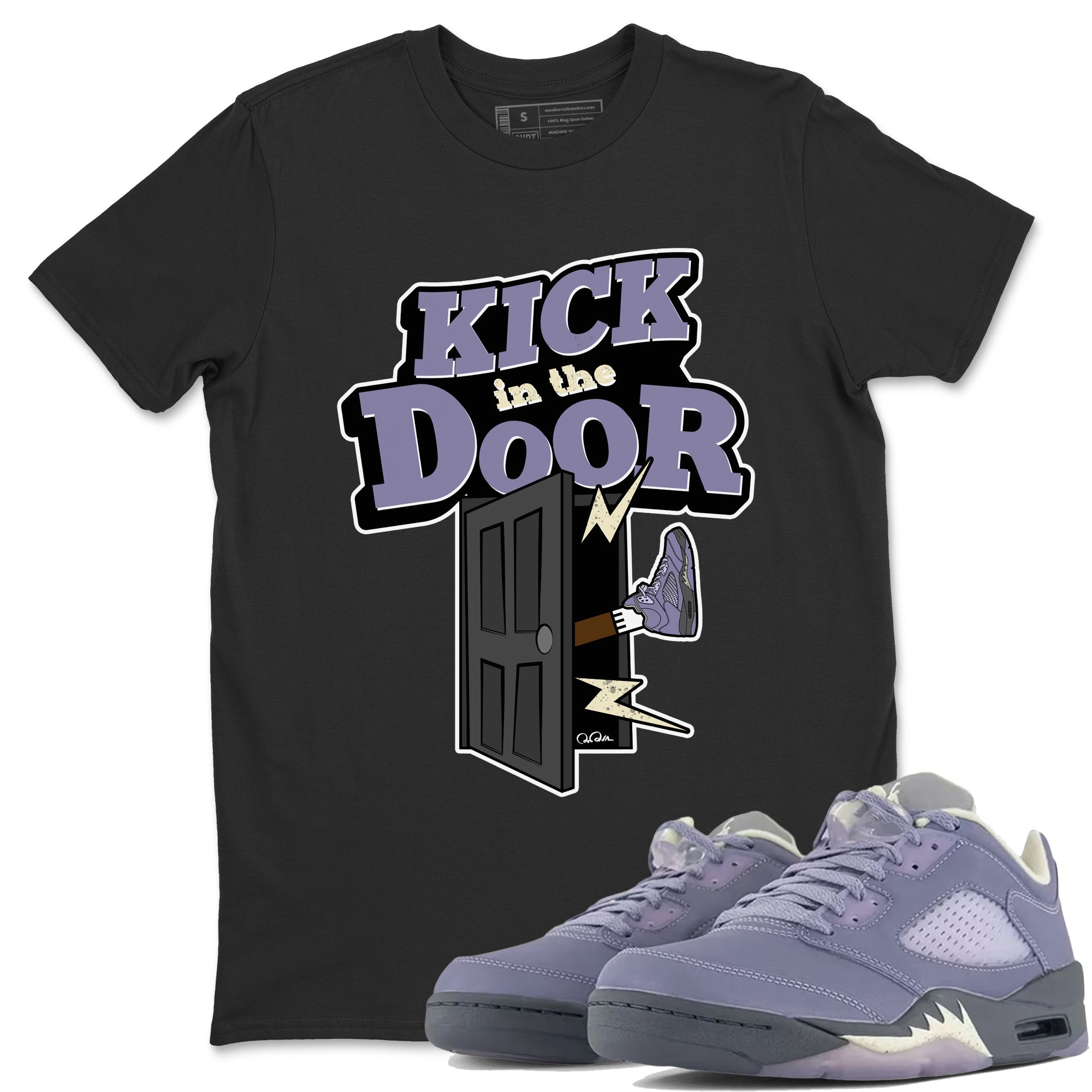 Air Jordan 5 Indigo Haze Sneaker Match Tees Kick In The Door Streetwear Sneaker Shirt AJ5 Indigo Haze Sneaker Release Tees Unisex Shirts Black 1