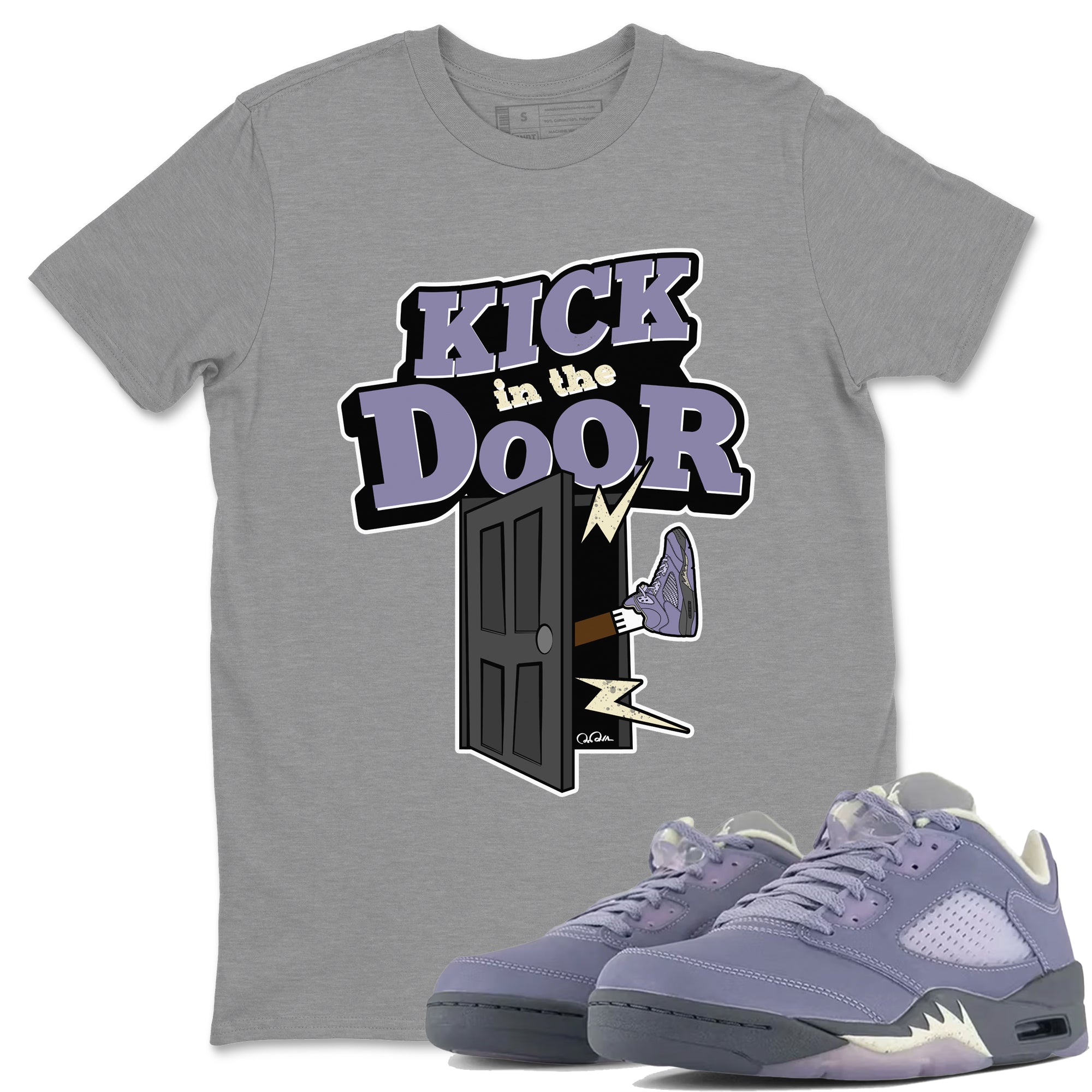 Air Jordan 5 Indigo Haze Sneaker Match Tees Kick In The Door Streetwear Sneaker Shirt AJ5 Indigo Haze Sneaker Release Tees Unisex Shirts Heather Grey 1