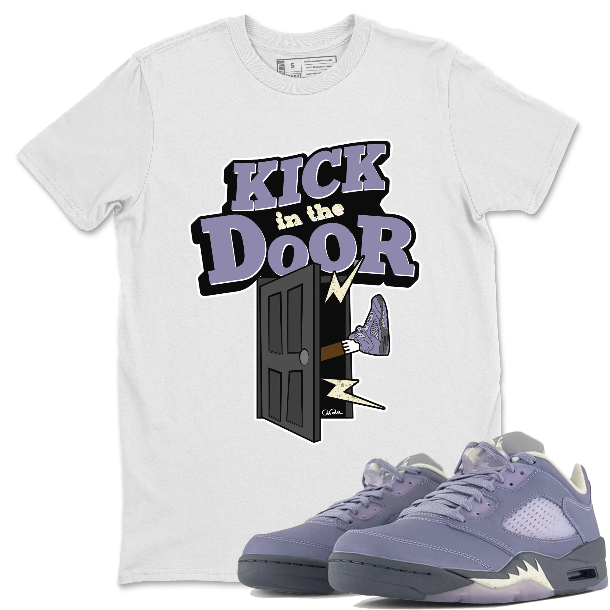 Air Jordan 5 Indigo Haze Sneaker Match Tees Kick In The Door Streetwear Sneaker Shirt AJ5 Indigo Haze Sneaker Release Tees Unisex Shirts White 1