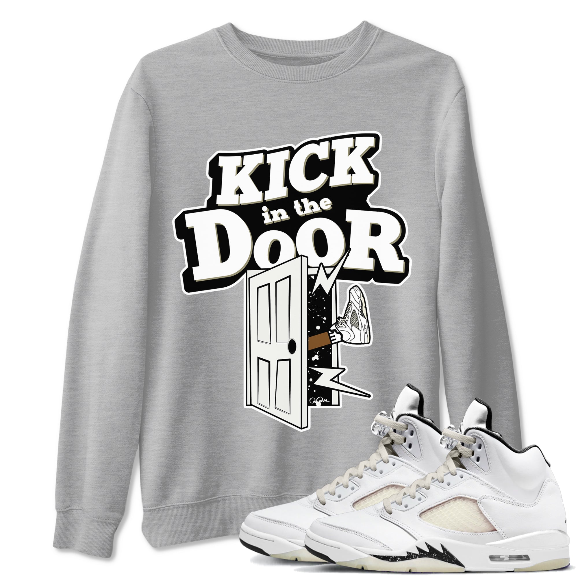 5s Sail shirt to match jordans Kick In The Door sneaker tees Air Jordan 5 Sail Drip Gear Zone unisex cotton Heather Grey 1 crew neck shirt
