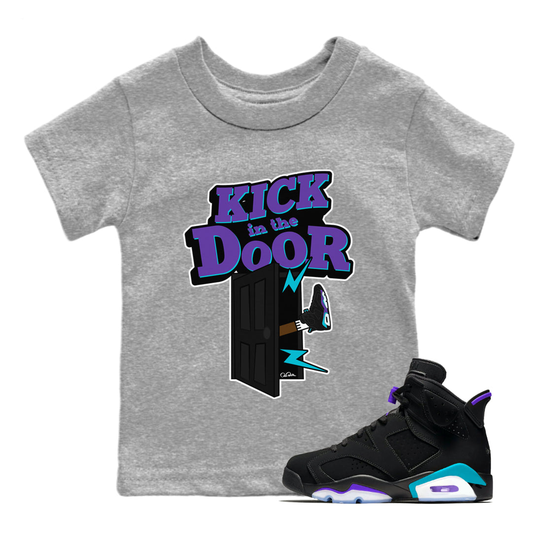 Air Jordan 6 Aqua Sneaker Match Tees Kick In The Door Streetwear Sneaker Shirt AJ6 Aqua Sneaker Release Tees Kids Shirts Heather Grey 1