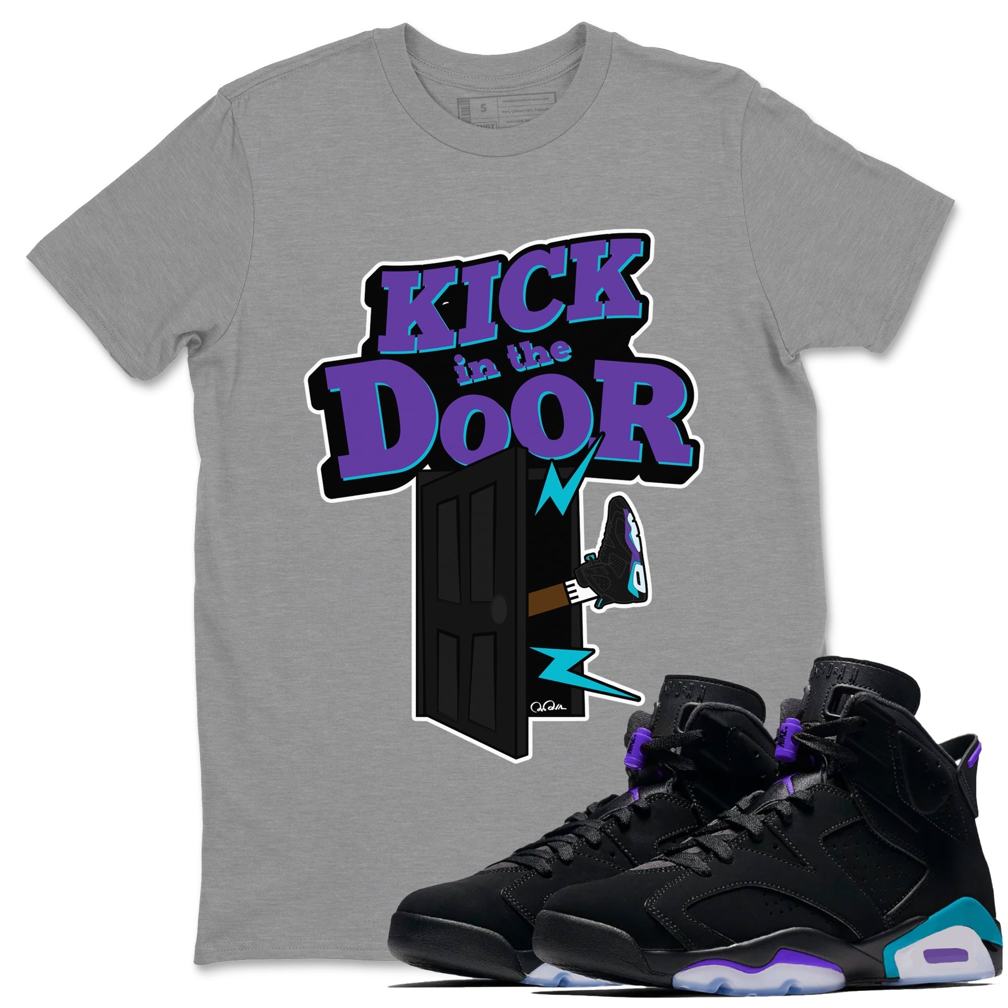 Air Jordan 6 Aqua Sneaker Match Tees Kick In The Door Streetwear Sneaker Shirt AJ6 Aqua Sneaker Release Tees Unisex Shirts Heather Grey 1