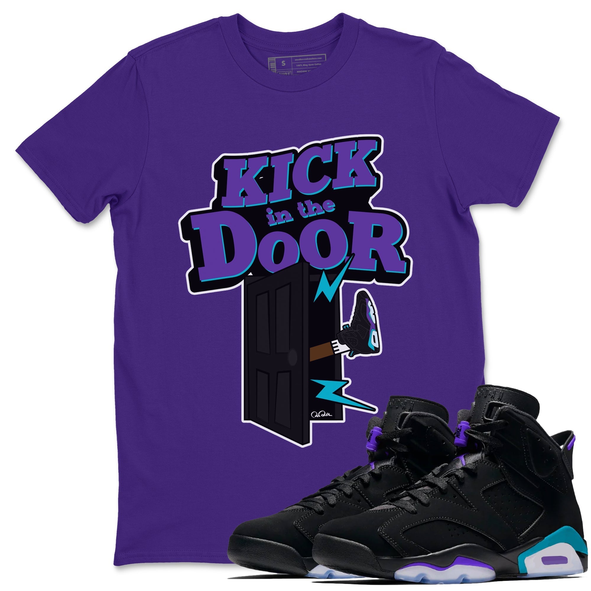 Air Jordan 6 Aqua Sneaker Match Tees Kick In The Door Streetwear Sneaker Shirt AJ6 Aqua Sneaker Release Tees Unisex Shirts Purple 1