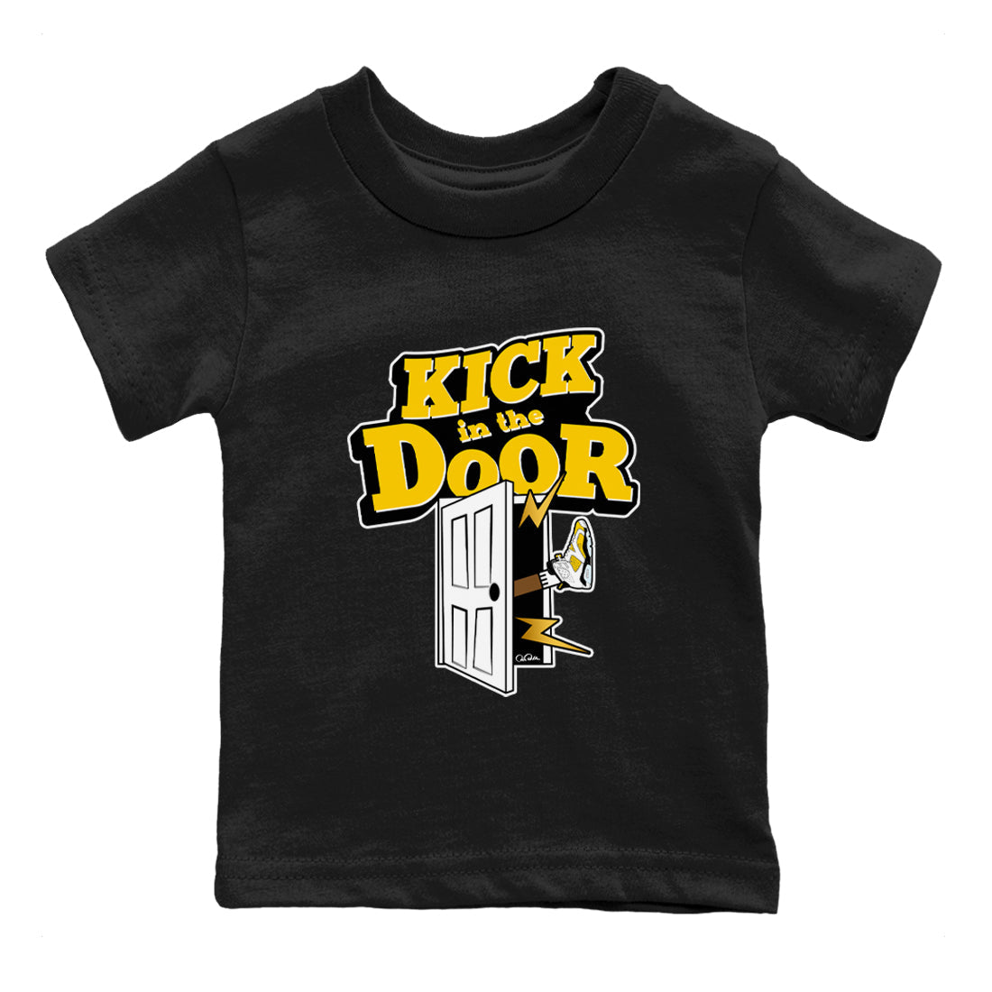 Air Jordan 6 Yellow Ochre shirt to match jordans Kick In The Door sneaker tees streetwear brand AJ6 Yellow Ochre Drip Gear Zone Brand Baby Toddler Black 2 T-Shirt