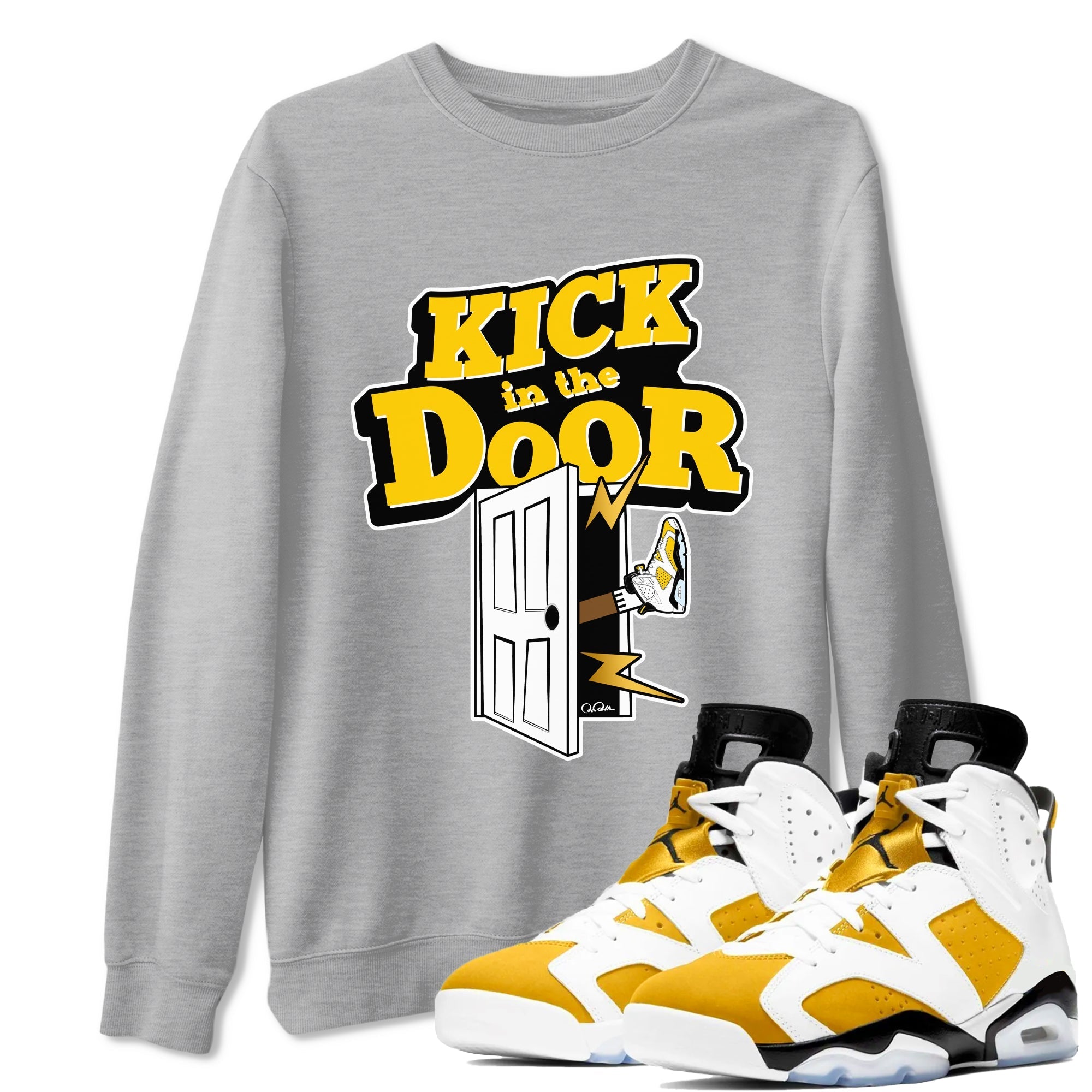 Air Jordan 6 Yellow Ochre shirt to match jordans Kick In The Door sneaker tees streetwear brand AJ6 Yellow Ochre Drip Gear Zone Brand Unisex Heather Grey 1 T-Shirt