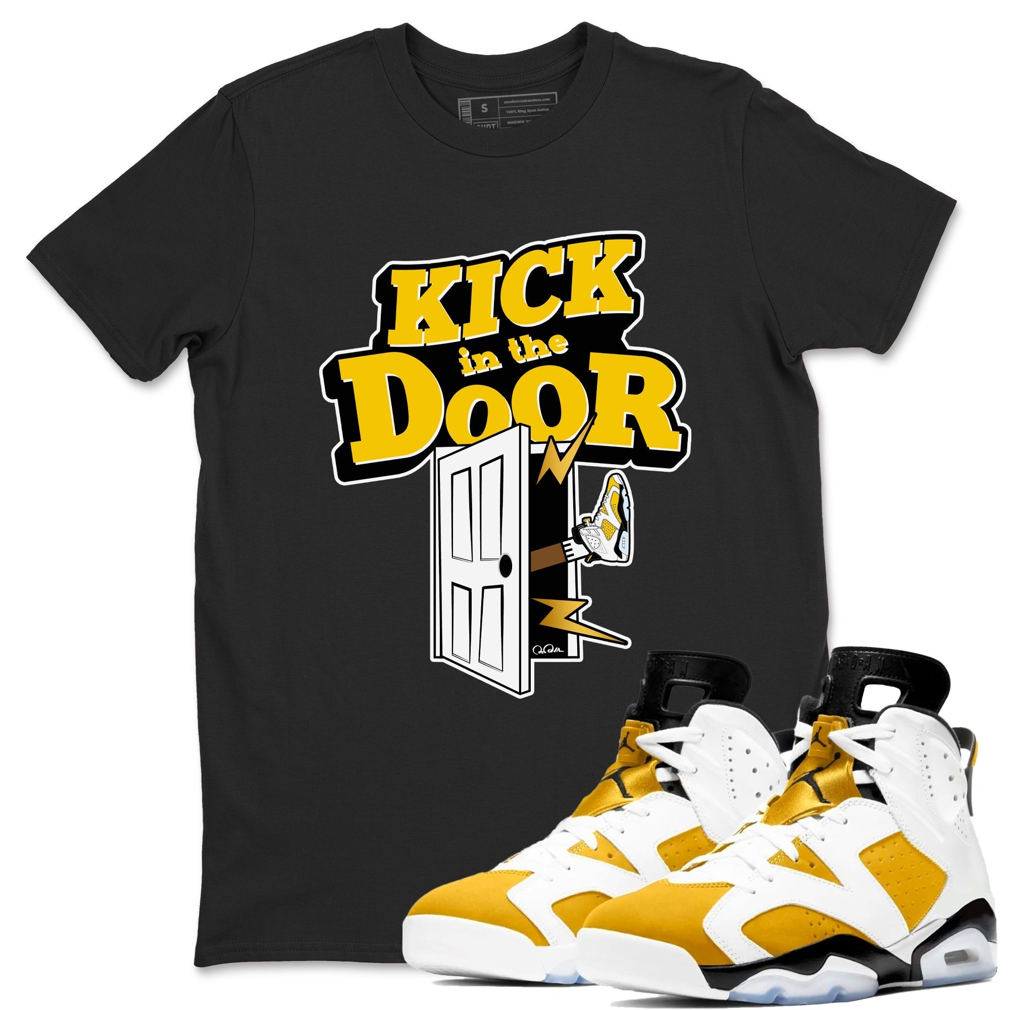 Air Jordan 6 Yellow Ochre shirt to match jordans Kick In The Door sneaker tees streetwear brand AJ6 Yellow Ochre Drip Gear Zone Brand Unisex Black 1 T-Shirt
