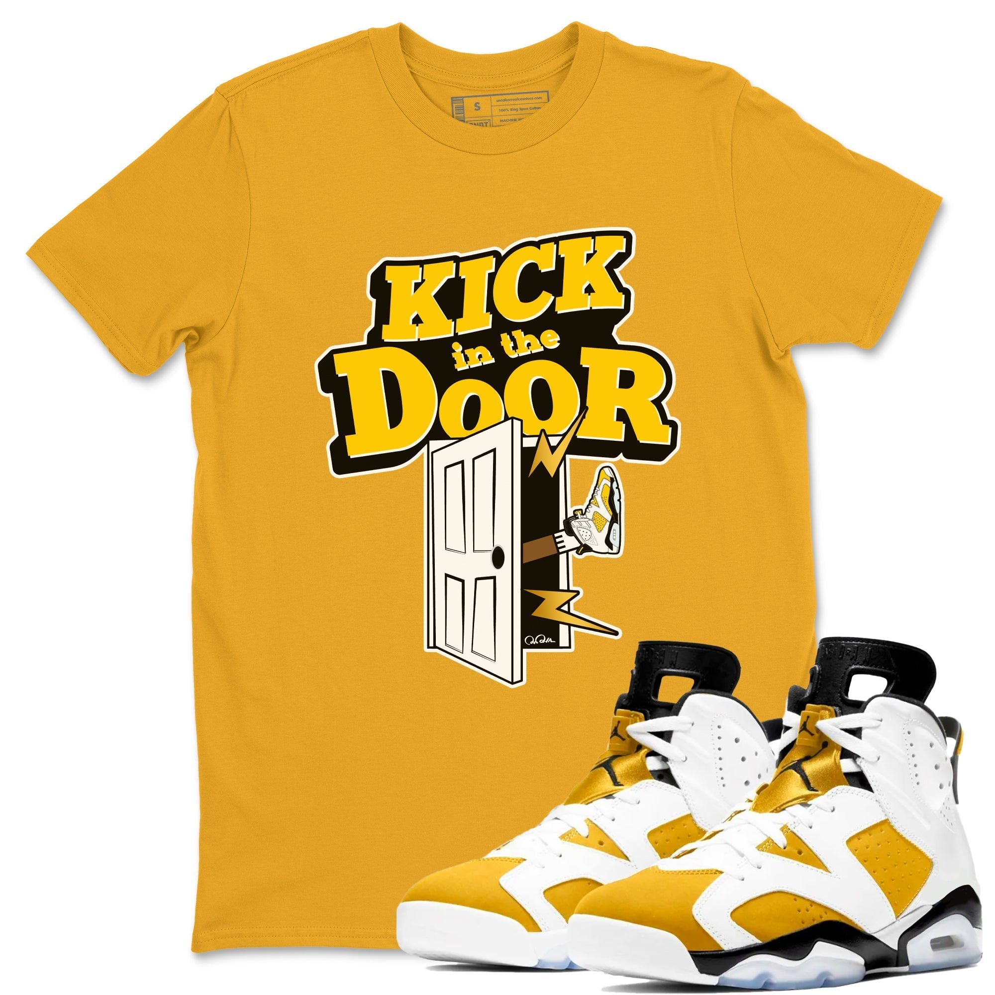 Air Jordan 6 Yellow Ochre shirt to match jordans Kick In The Door sneaker tees streetwear brand AJ6 Yellow Ochre Drip Gear Zone Brand Unisex Gold 1 T-Shirt