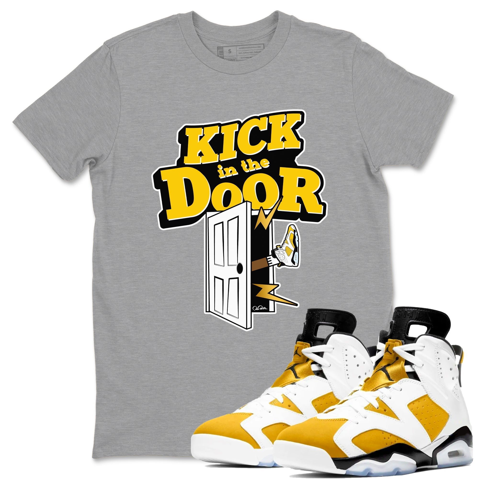 Air Jordan 6 Yellow Ochre shirt to match jordans Kick In The Door sneaker tees streetwear brand AJ6 Yellow Ochre Drip Gear Zone Brand Unisex Heather Grey 1 T-Shirt