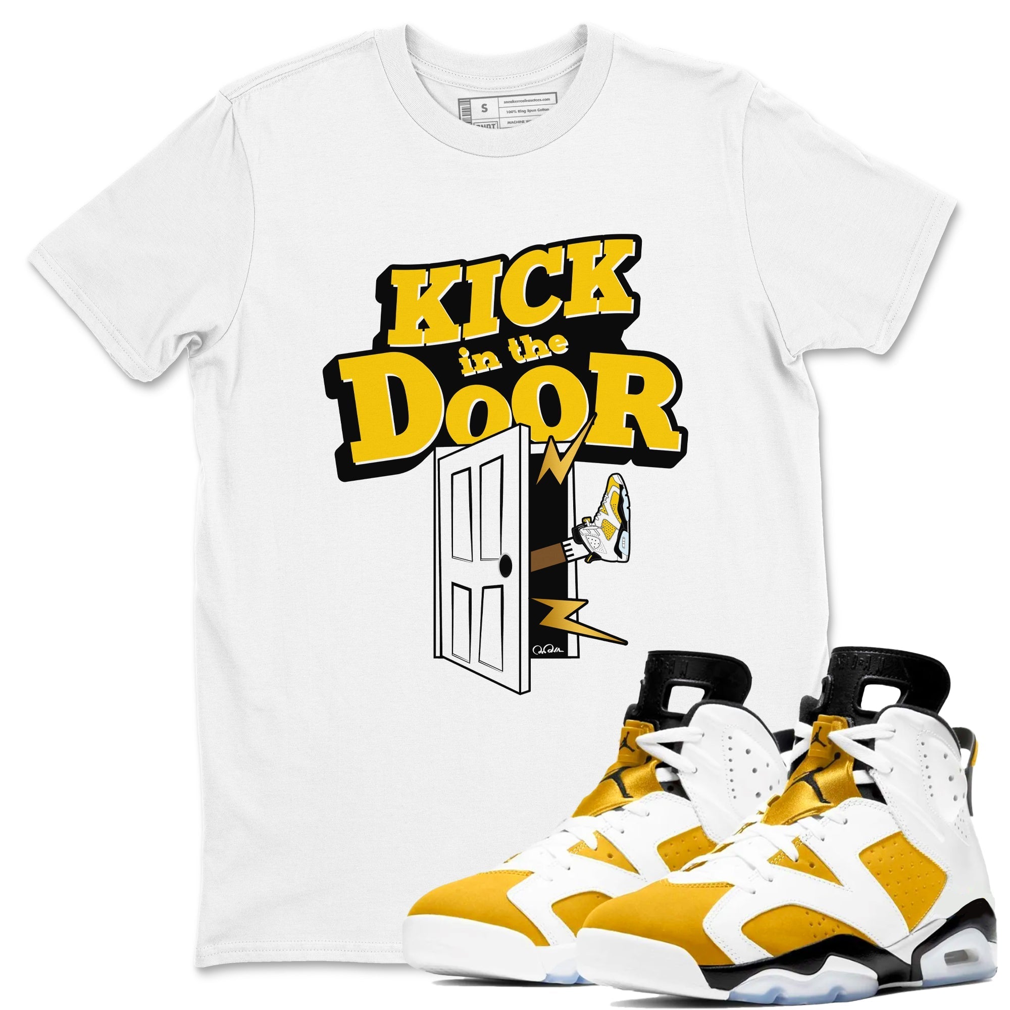 Air Jordan 6 Yellow Ochre shirt to match jordans Kick In The Door sneaker tees streetwear brand AJ6 Yellow Ochre Drip Gear Zone Brand Unisex White 1 T-Shirt