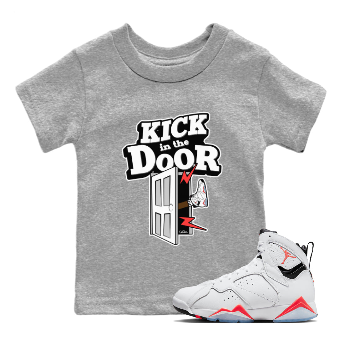Air Jordan 7 Infrared Sneaker Match Tees Kick In The Door Streetwear Sneaker Shirt AJ7 Infrared Sneaker Release Tees Kids Shirts Heather Grey 1