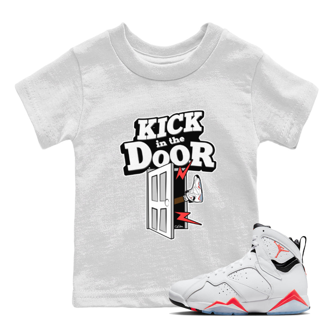 Air Jordan 7 Infrared Sneaker Match Tees Kick In The Door Streetwear Sneaker Shirt AJ7 Infrared Sneaker Release Tees Kids Shirts White 1