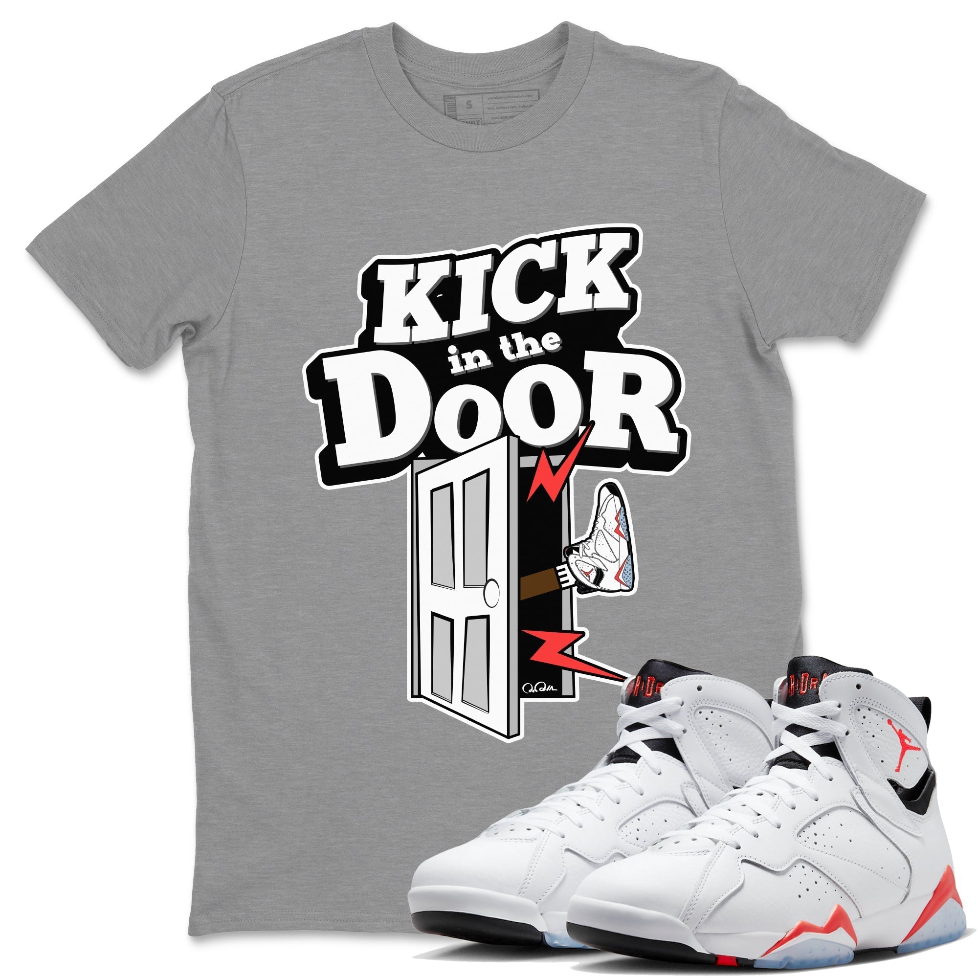 Air Jordan 7 Infrared Sneaker Match Tees Kick In The Door Streetwear Sneaker Shirt AJ7 Infrared Sneaker Release Tees Unisex Shirts Heather Grey 1