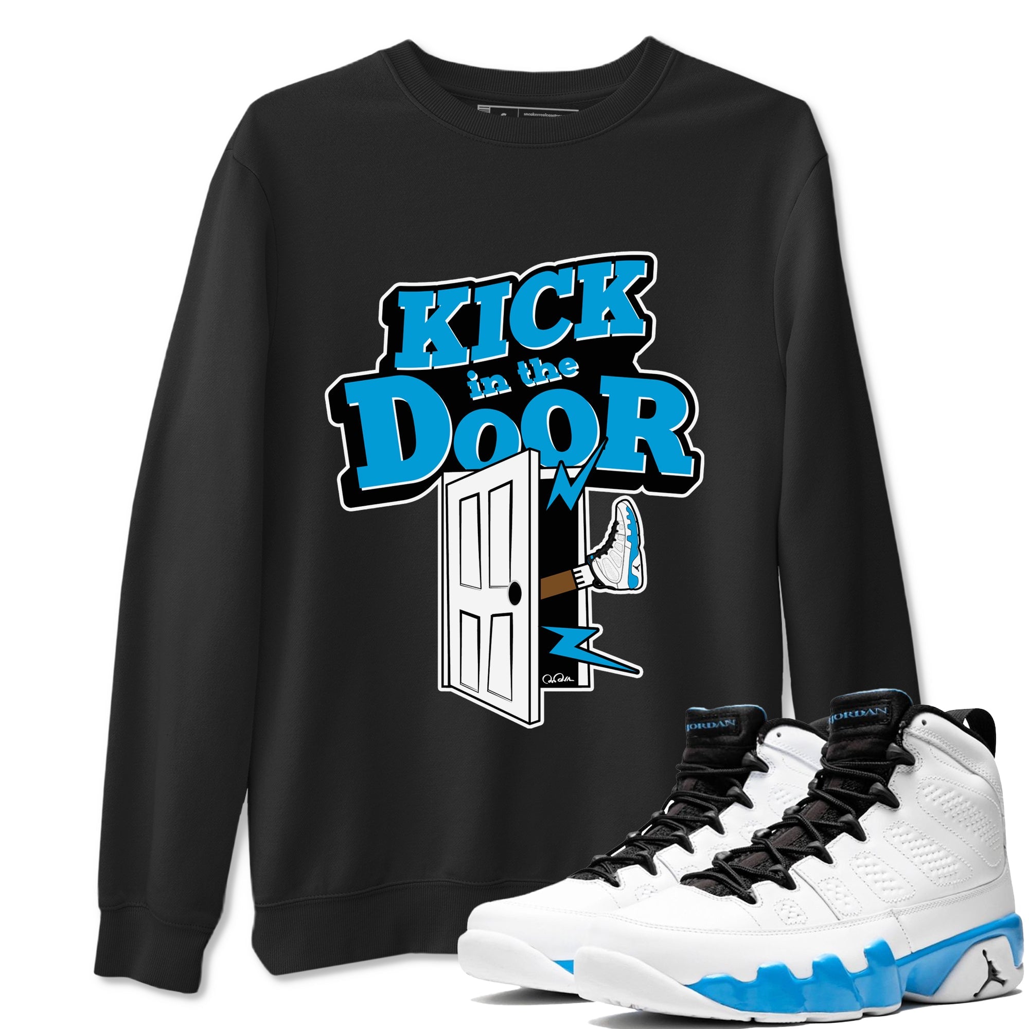 9s Powder Blue shirt to match jordans Kick In The Door sneaker tees Air Jordan 9 Powder Blue Drip Gear Zone unisex cotton Black 1 crew neck shirt