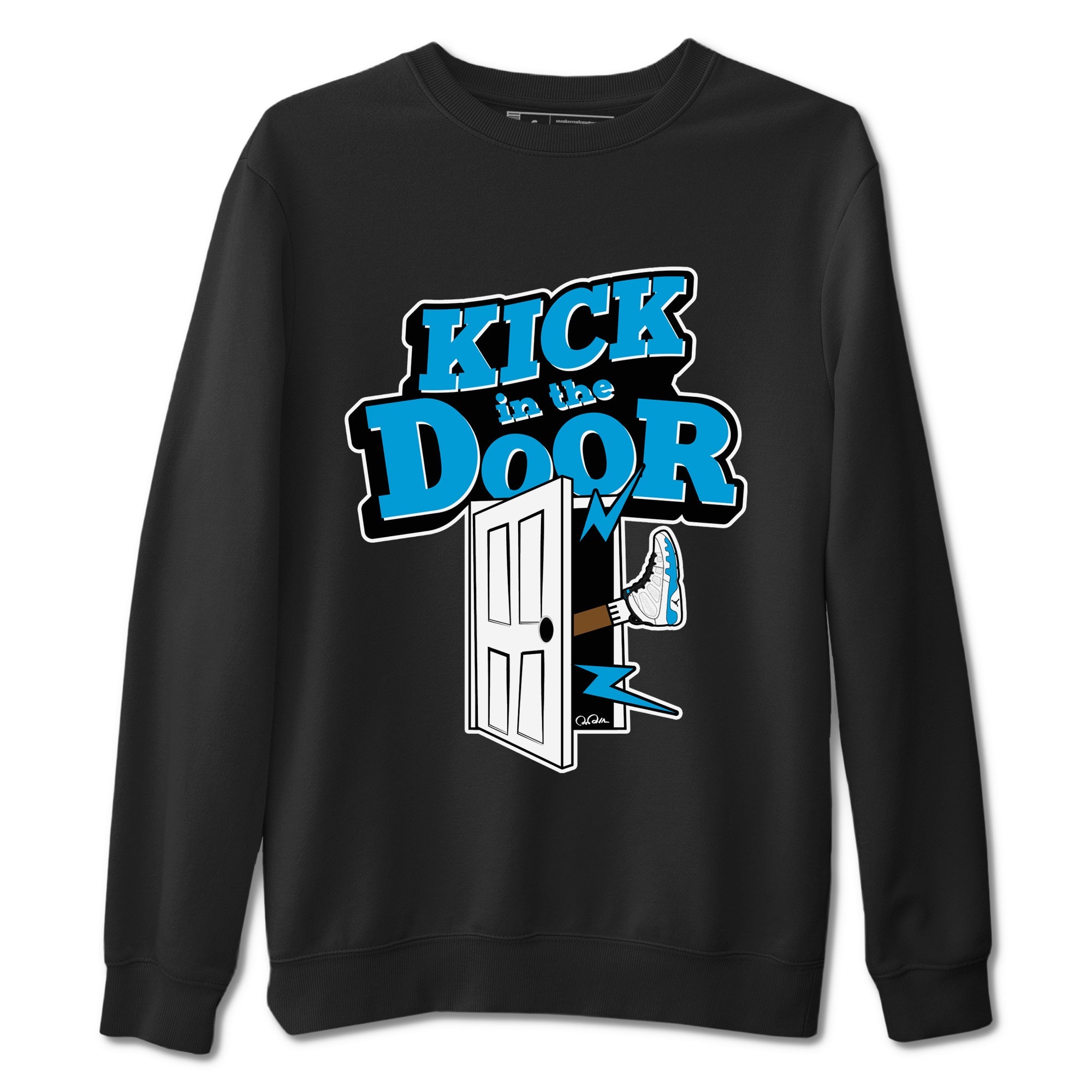 9s Powder Blue shirt to match jordans Kick In The Door sneaker tees Air Jordan 9 Powder Blue Drip Gear Zone unisex cotton Black 2 crew neck shirt