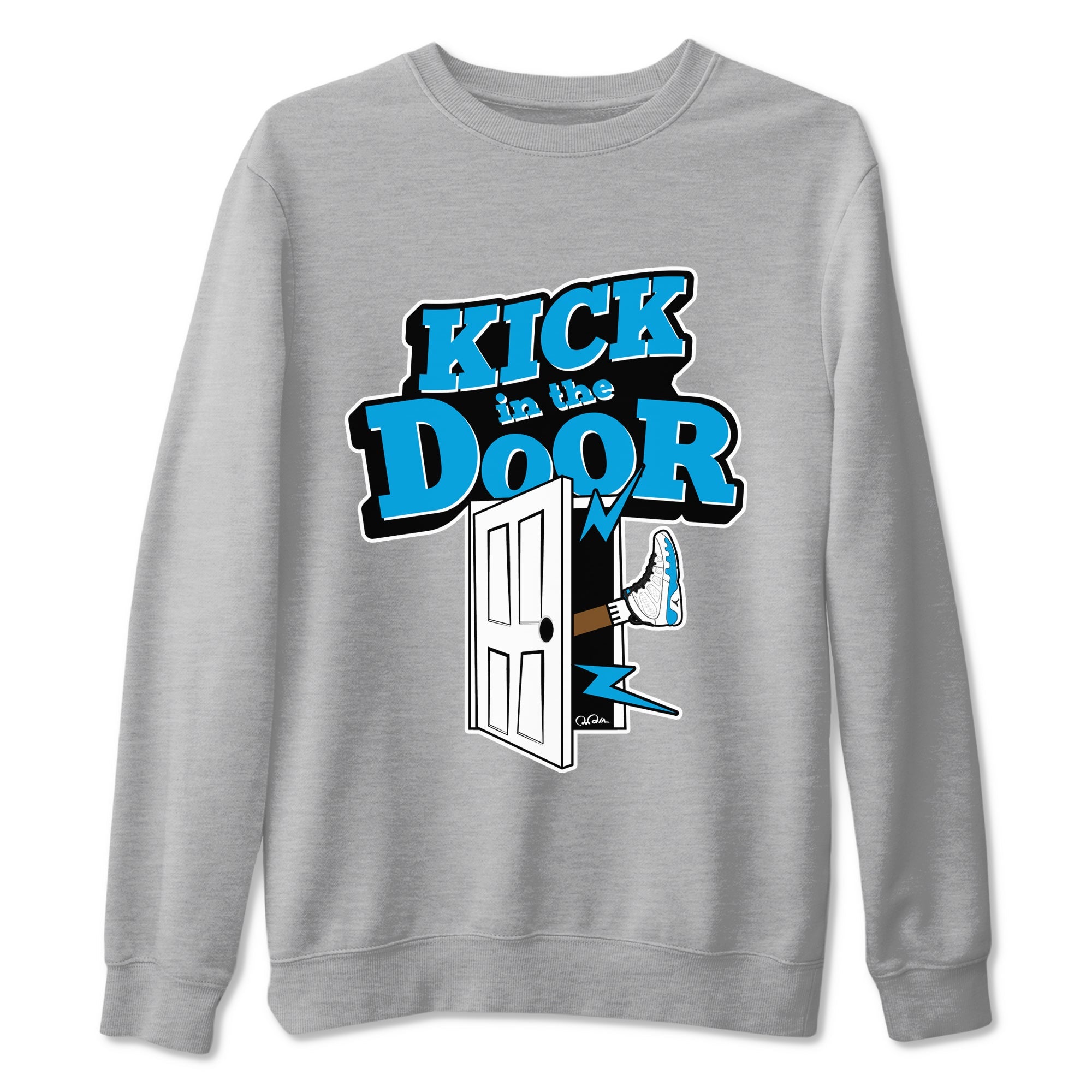 9s Powder Blue shirt to match jordans Kick In The Door sneaker tees Air Jordan 9 Powder Blue Drip Gear Zone unisex cotton Heather Grey 2 crew neck shirt